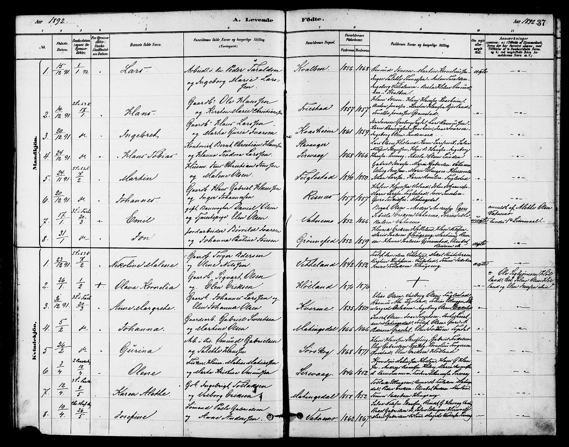 Eigersund sokneprestkontor, SAST/A-101807/S08/L0016: Parish register (official) no. A 16, 1879-1893, p. 37