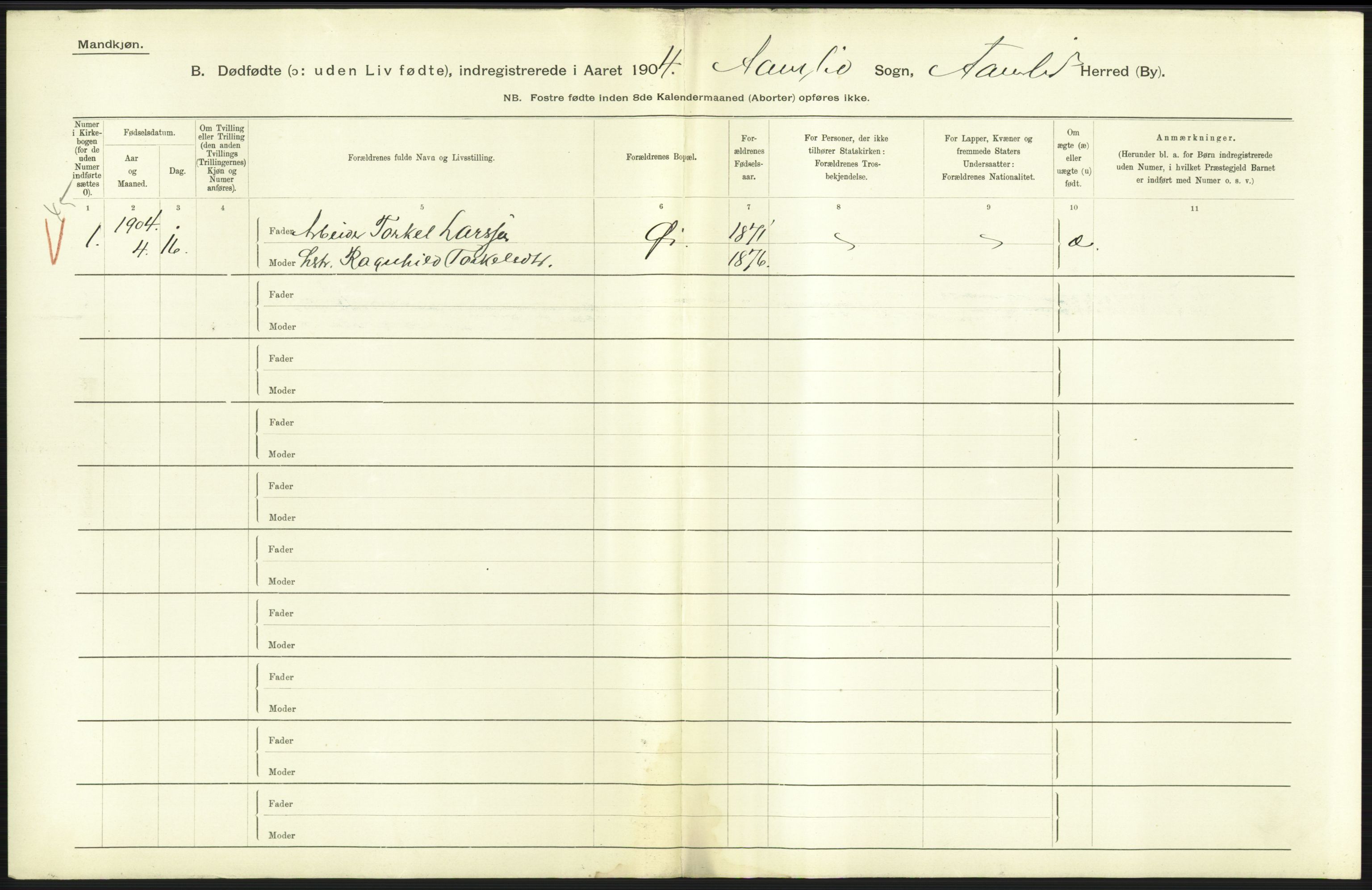 Statistisk sentralbyrå, Sosiodemografiske emner, Befolkning, AV/RA-S-2228/D/Df/Dfa/Dfab/L0025: Smålenenes amt - Stavanger amt: Dødfødte. Bygder., 1904, p. 443