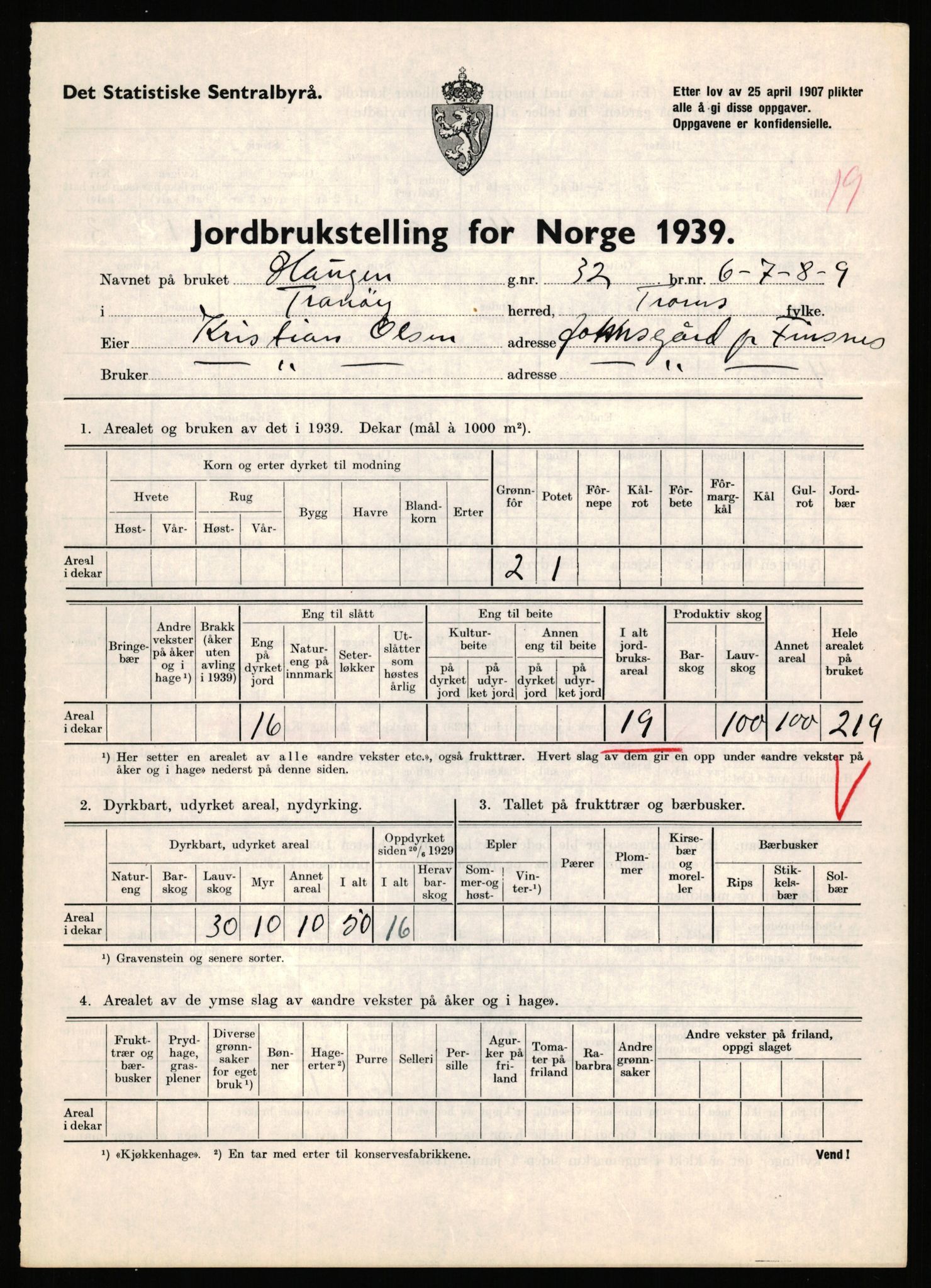 Statistisk sentralbyrå, Næringsøkonomiske emner, Jordbruk, skogbruk, jakt, fiske og fangst, AV/RA-S-2234/G/Gb/L0341: Troms: Sørreisa og Tranøy, 1939, p. 955