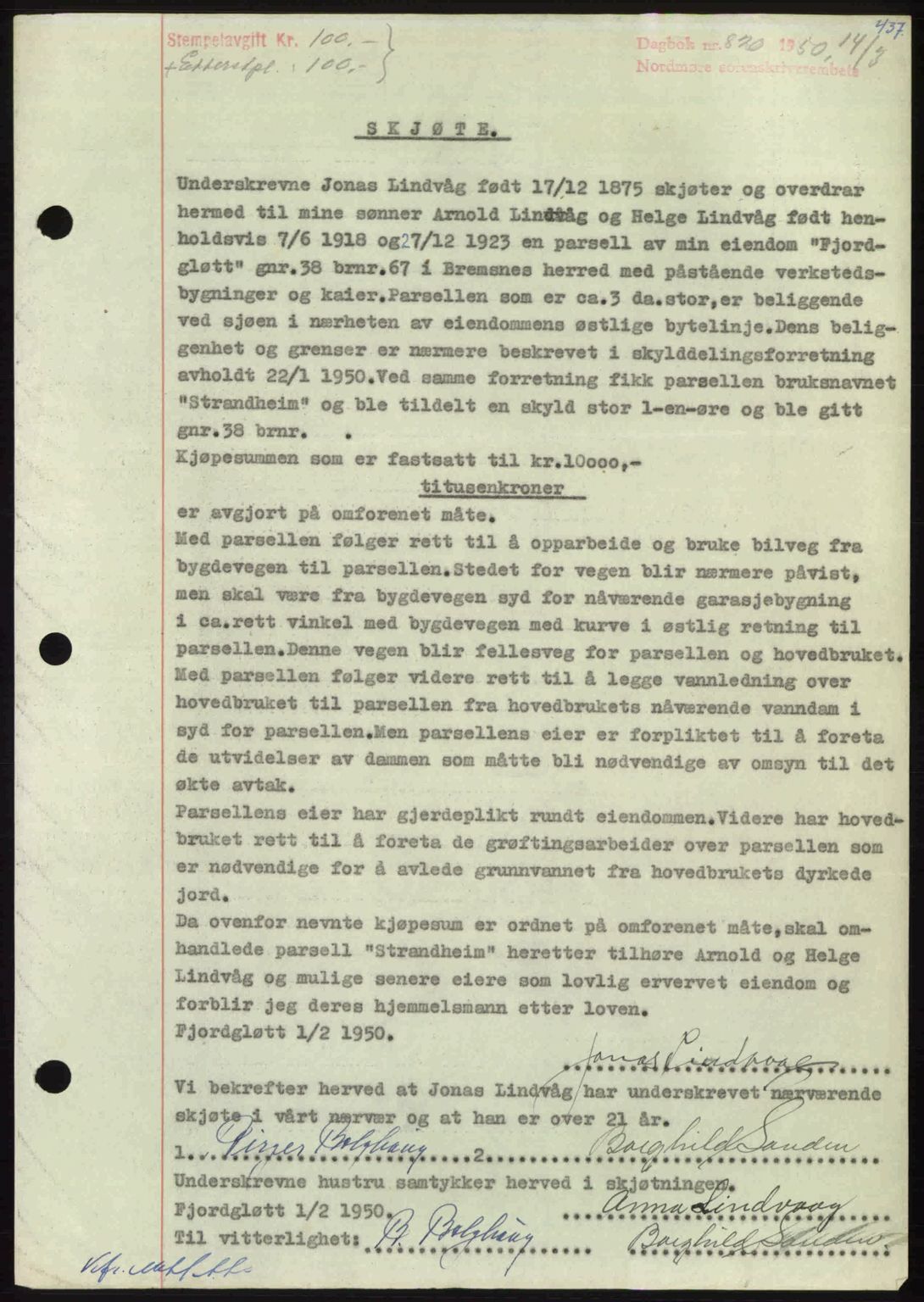 Nordmøre sorenskriveri, AV/SAT-A-4132/1/2/2Ca: Mortgage book no. A114, 1950-1950, Diary no: : 820/1950