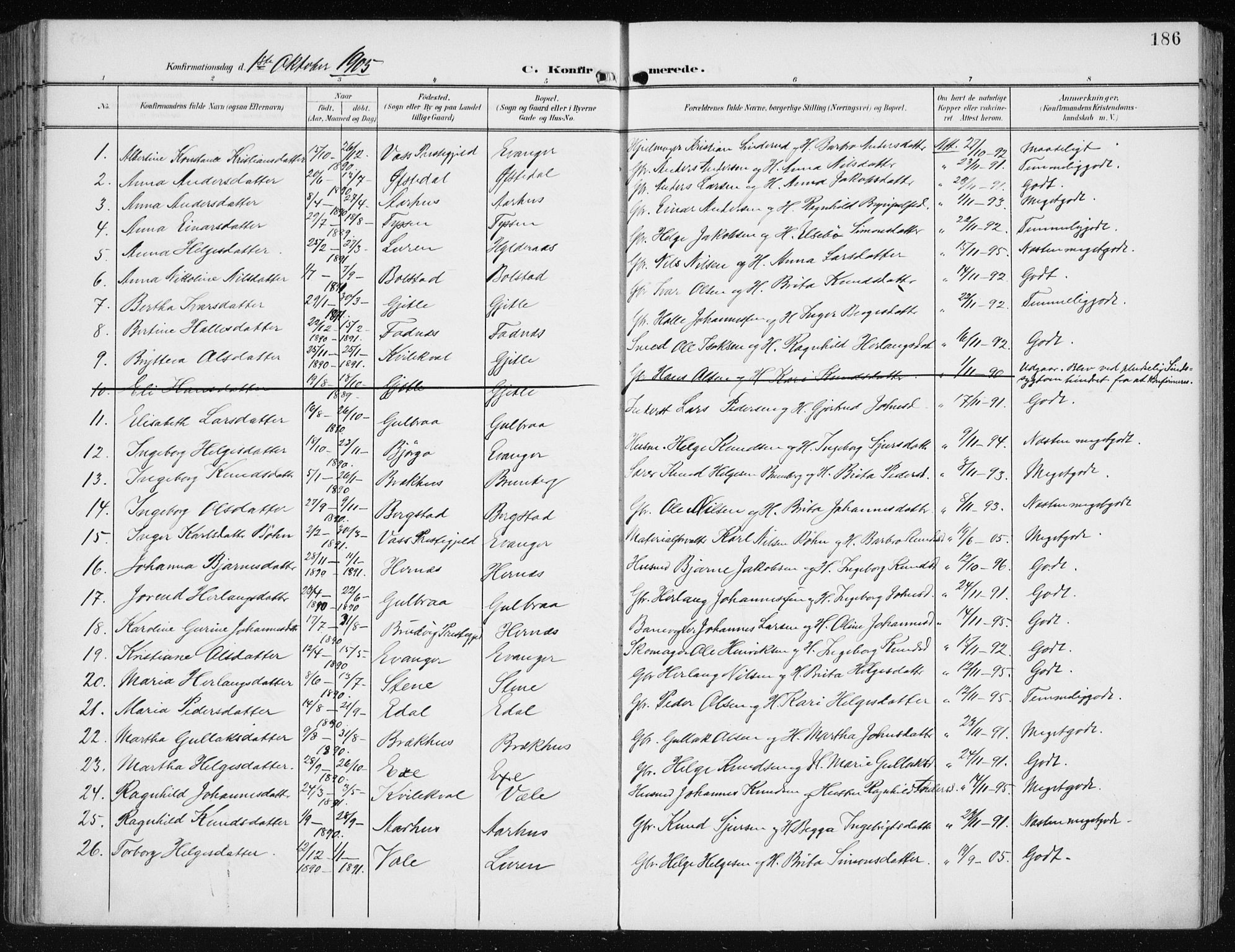 Evanger sokneprestembete, SAB/A-99924: Parish register (official) no. A  3, 1900-1930, p. 186