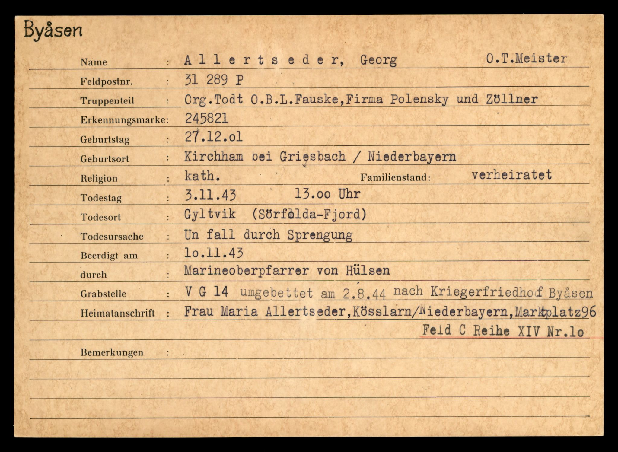 Distriktskontoret for krigsgraver, AV/SAT-A-5030/E/L0004: Kasett/kartotek over tysk Krigskirkegård på Byåsen, 1945, p. 11