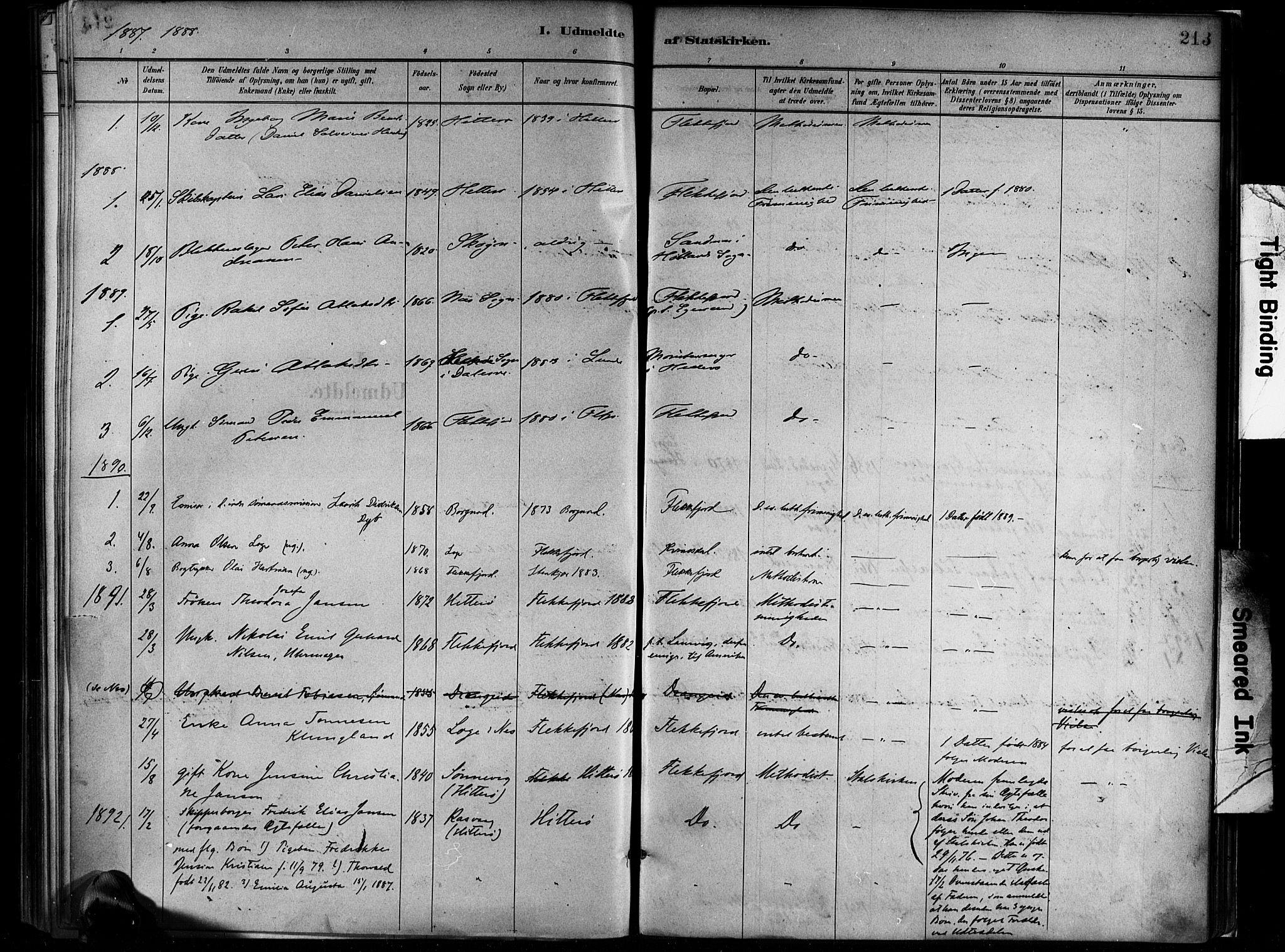 Flekkefjord sokneprestkontor, SAK/1111-0012/F/Fa/Faa/L0001: Parish register (official) no. A 1, 1885-1900, p. 213