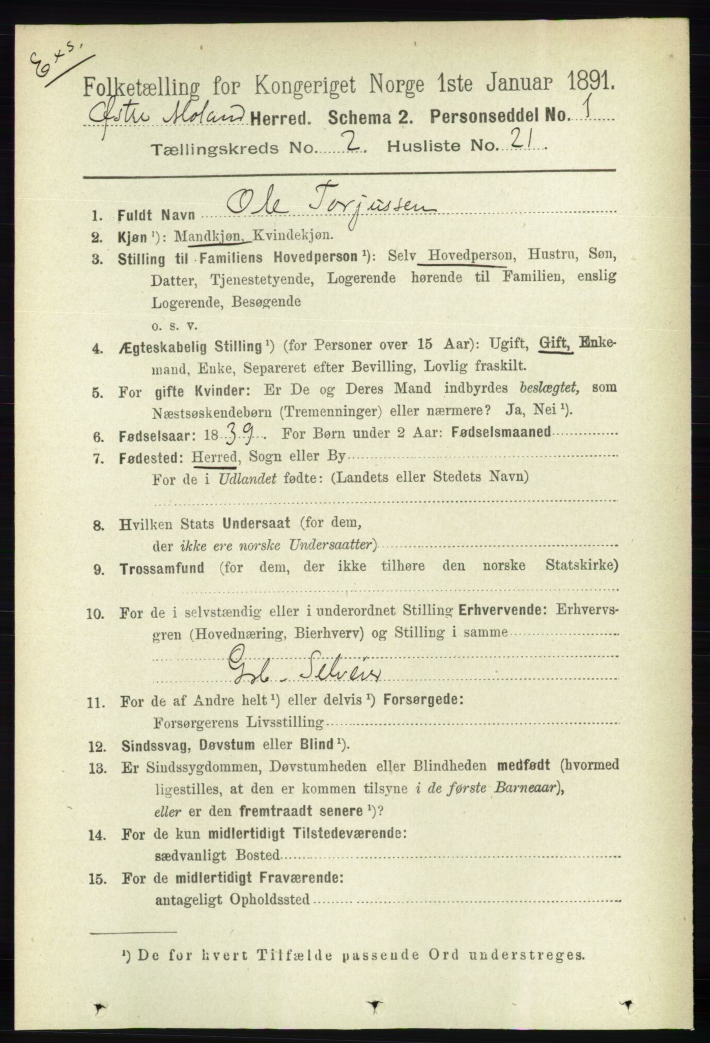 RA, Census 1891 for Nedenes amt: Gjenparter av personsedler for beslektede ektefeller, menn, 1891, p. 471