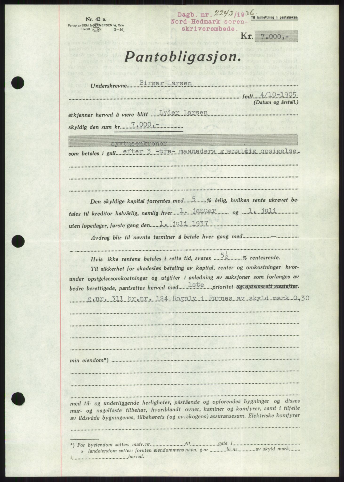 Nord-Hedmark sorenskriveri, AV/SAH-TING-012/H/Hb/Hbf/L0001: Mortgage book no. B1, 1936-1936, Diary no: : 2243/1936