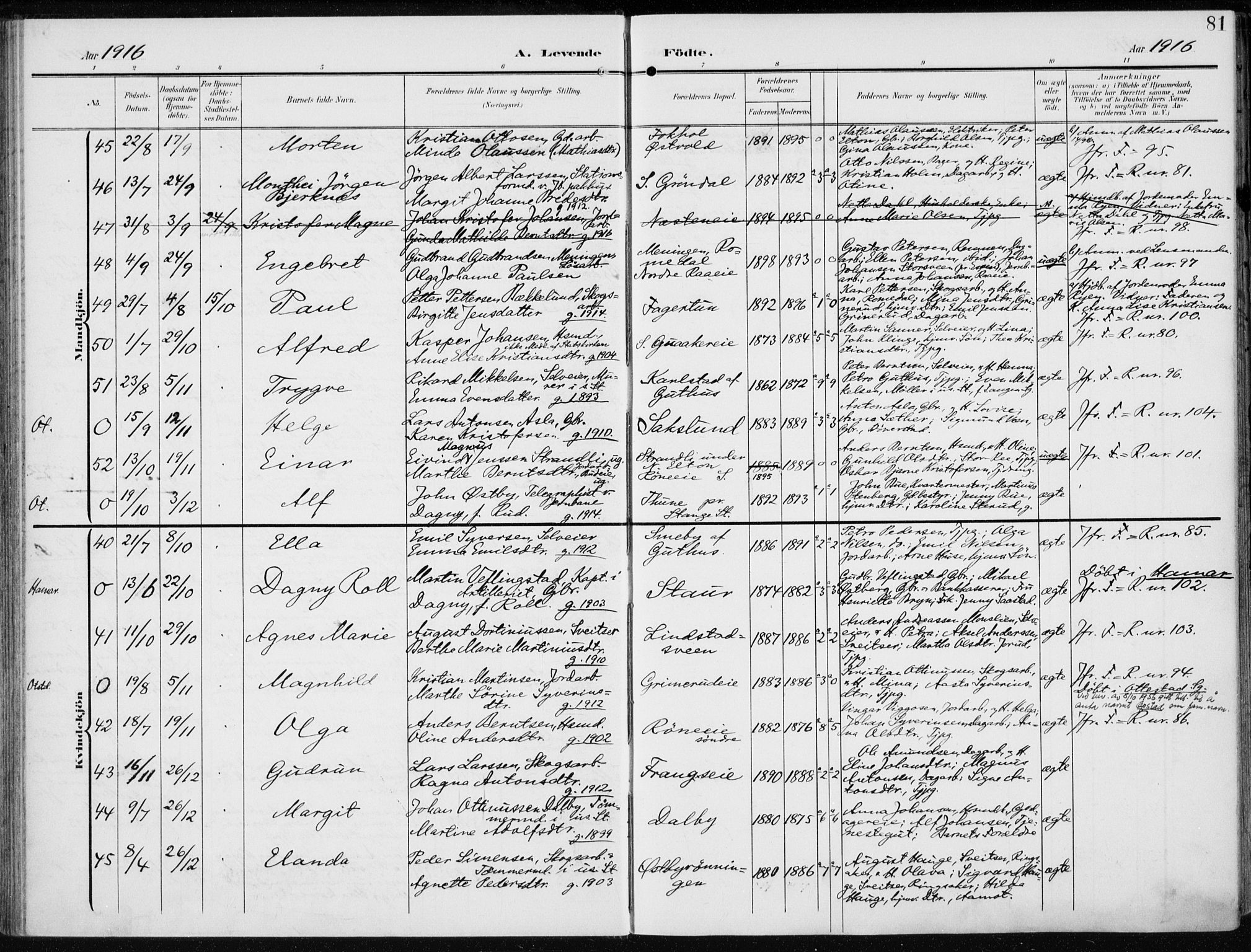 Stange prestekontor, AV/SAH-PREST-002/K/L0024: Parish register (official) no. 24, 1906-1922, p. 81