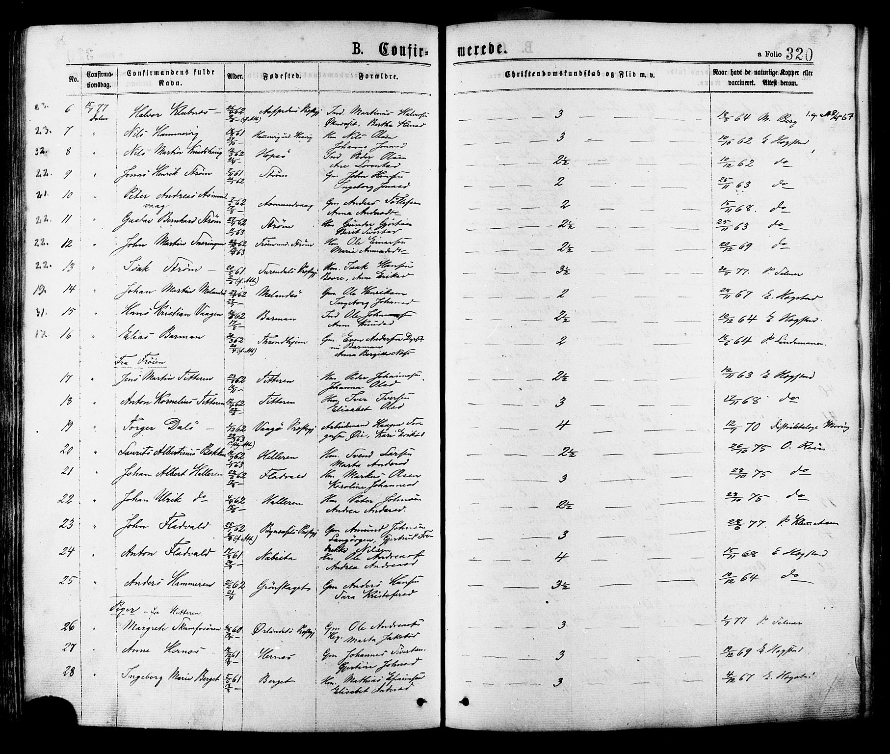 Ministerialprotokoller, klokkerbøker og fødselsregistre - Sør-Trøndelag, SAT/A-1456/634/L0532: Parish register (official) no. 634A08, 1871-1881, p. 320