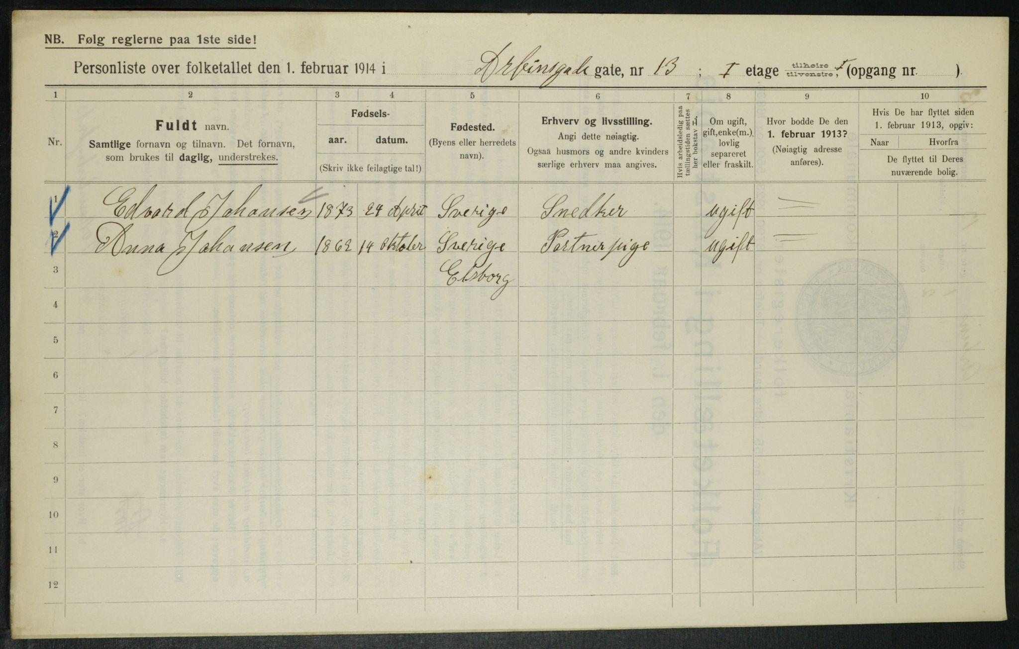 OBA, Municipal Census 1914 for Kristiania, 1914, p. 1708