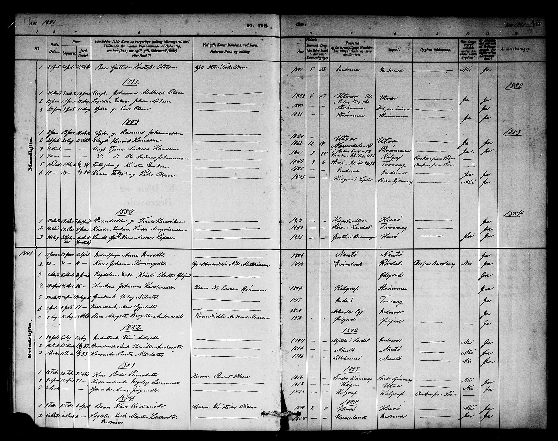 Solund sokneprestembete, AV/SAB-A-81401: Parish register (official) no. C 1, 1881-1896, p. 45