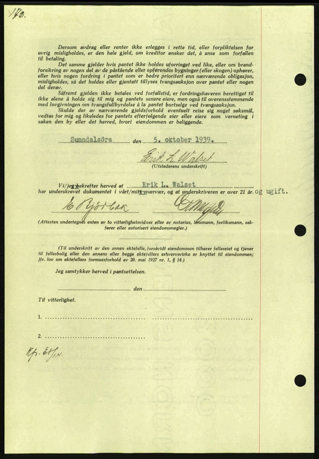 Nordmøre sorenskriveri, AV/SAT-A-4132/1/2/2Ca: Mortgage book no. B86, 1939-1940, Diary no: : 2957/1939