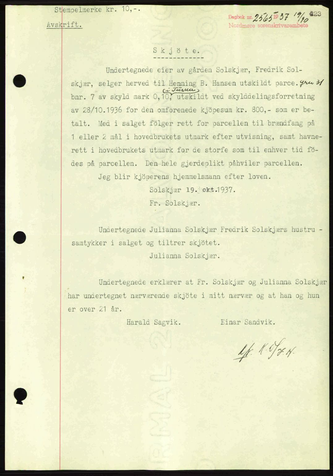 Nordmøre sorenskriveri, SAT/A-4132/1/2/2Ca: Mortgage book no. A82, 1937-1938, Diary no: : 2565/1937