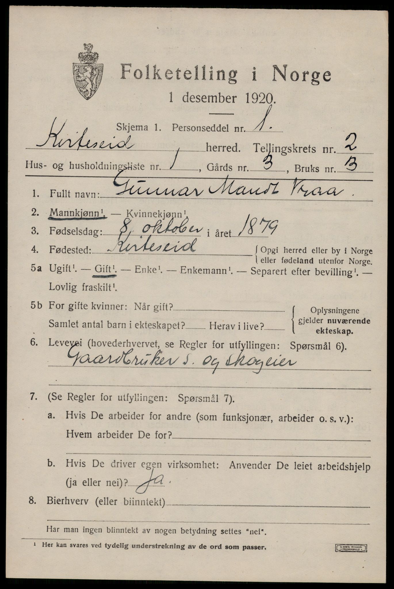 SAKO, 1920 census for Kviteseid, 1920, p. 2079