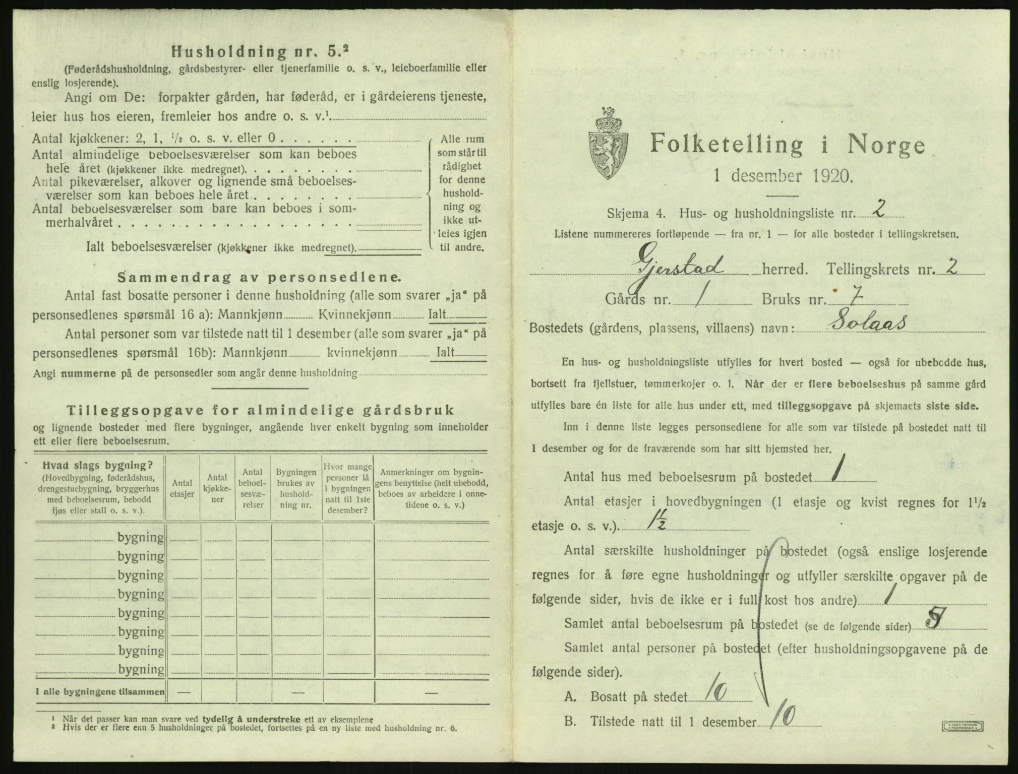 SAK, 1920 census for Gjerstad, 1920, p. 107