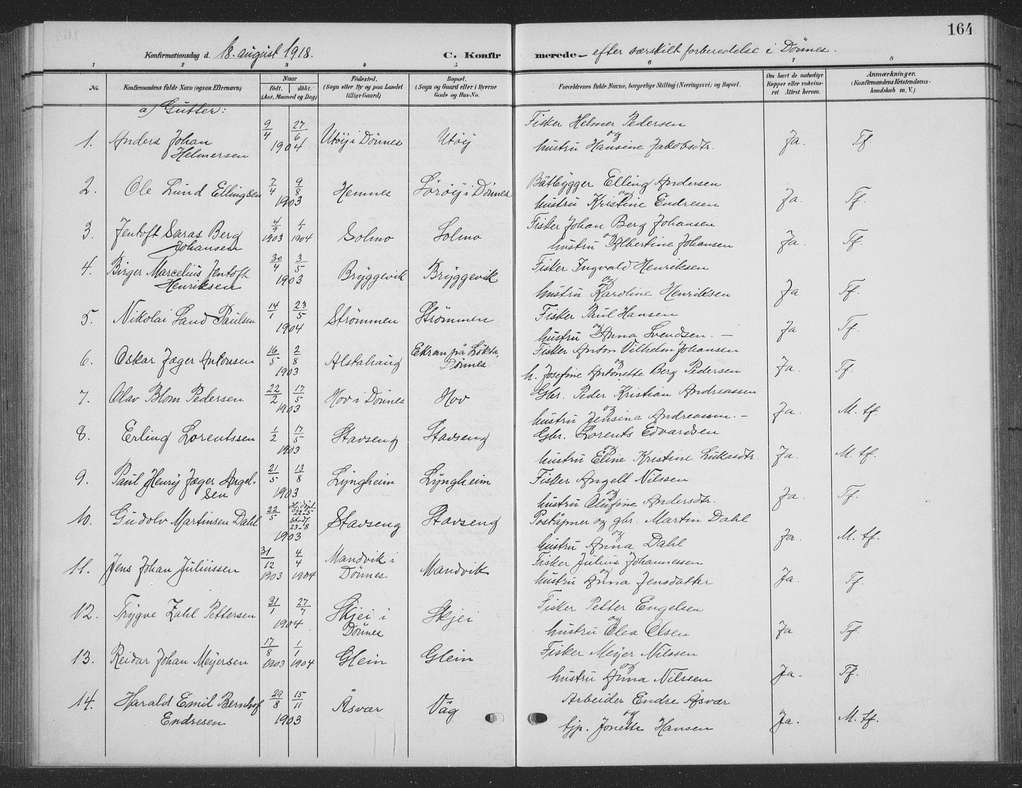 Ministerialprotokoller, klokkerbøker og fødselsregistre - Nordland, AV/SAT-A-1459/835/L0533: Parish register (copy) no. 835C05, 1906-1939, p. 164