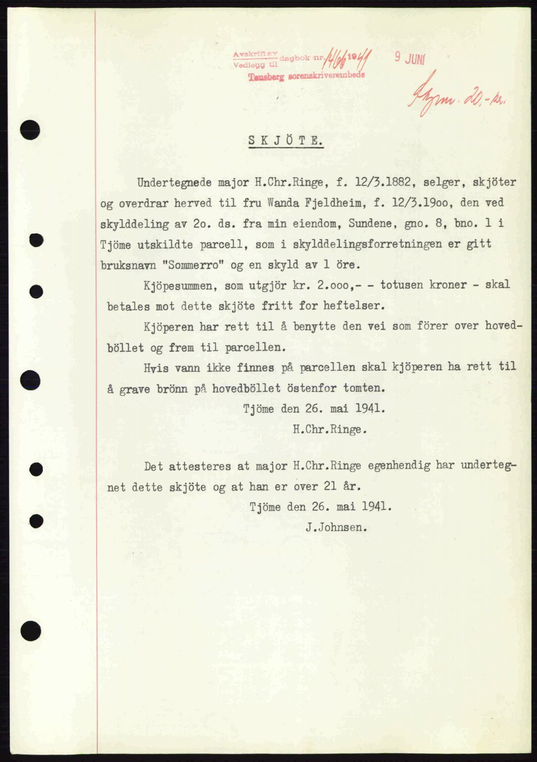 Tønsberg sorenskriveri, AV/SAKO-A-130/G/Ga/Gaa/L0010: Mortgage book no. A10, 1941-1941, Diary no: : 1466/1941