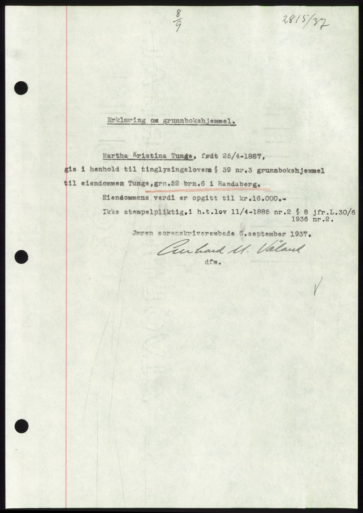 Jæren sorenskriveri, SAST/A-100310/03/G/Gba/L0069: Mortgage book, 1937-1937, Diary no: : 2815/1937