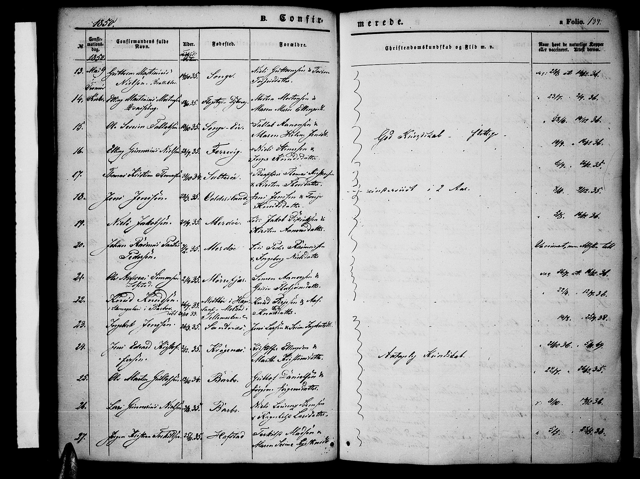 Tromøy sokneprestkontor, AV/SAK-1111-0041/F/Fa/L0005: Parish register (official) no. A 5, 1847-1856, p. 134