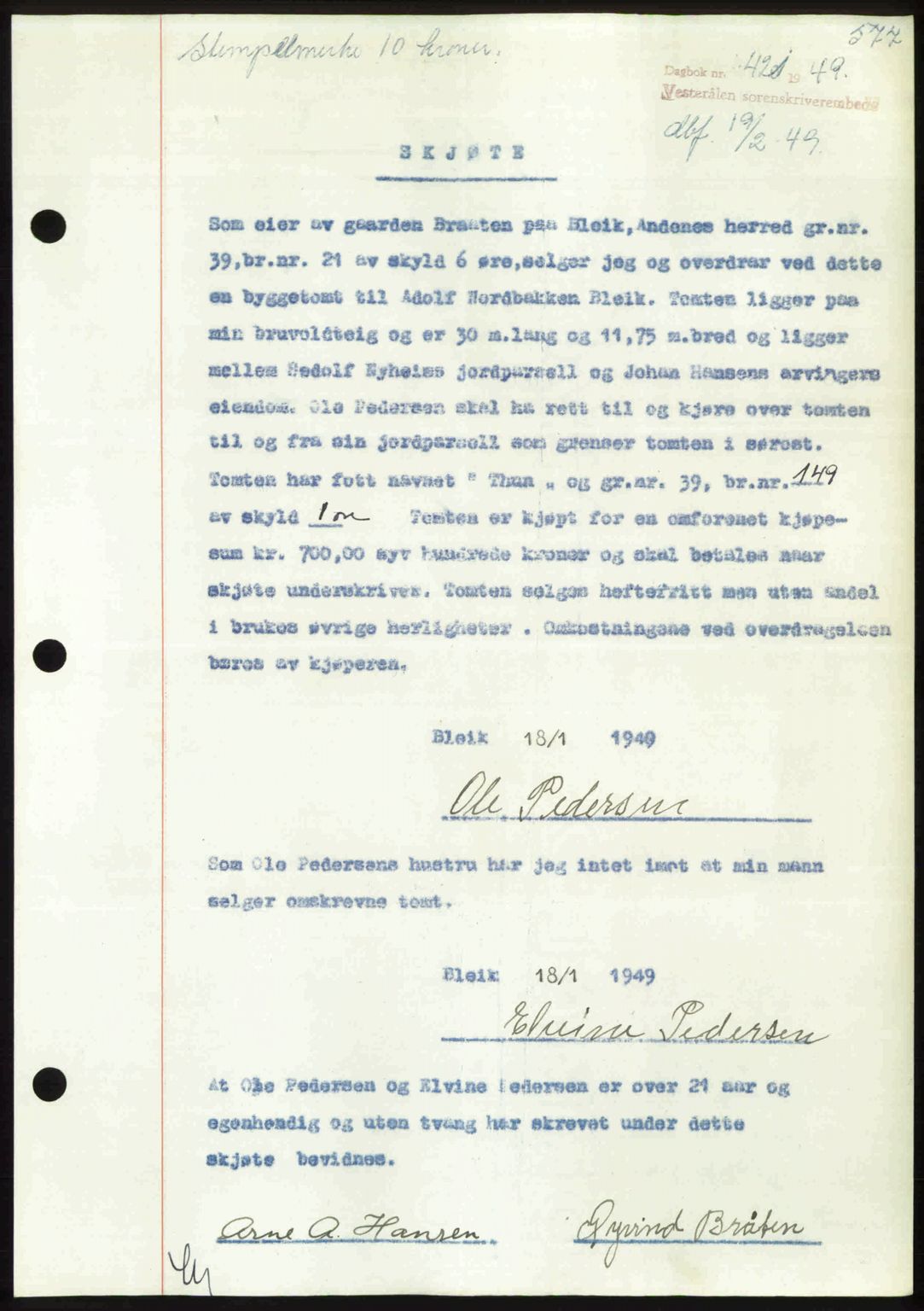 Vesterålen sorenskriveri, AV/SAT-A-4180/1/2/2Ca: Mortgage book no. A24, 1948-1949, Diary no: : 421/1949