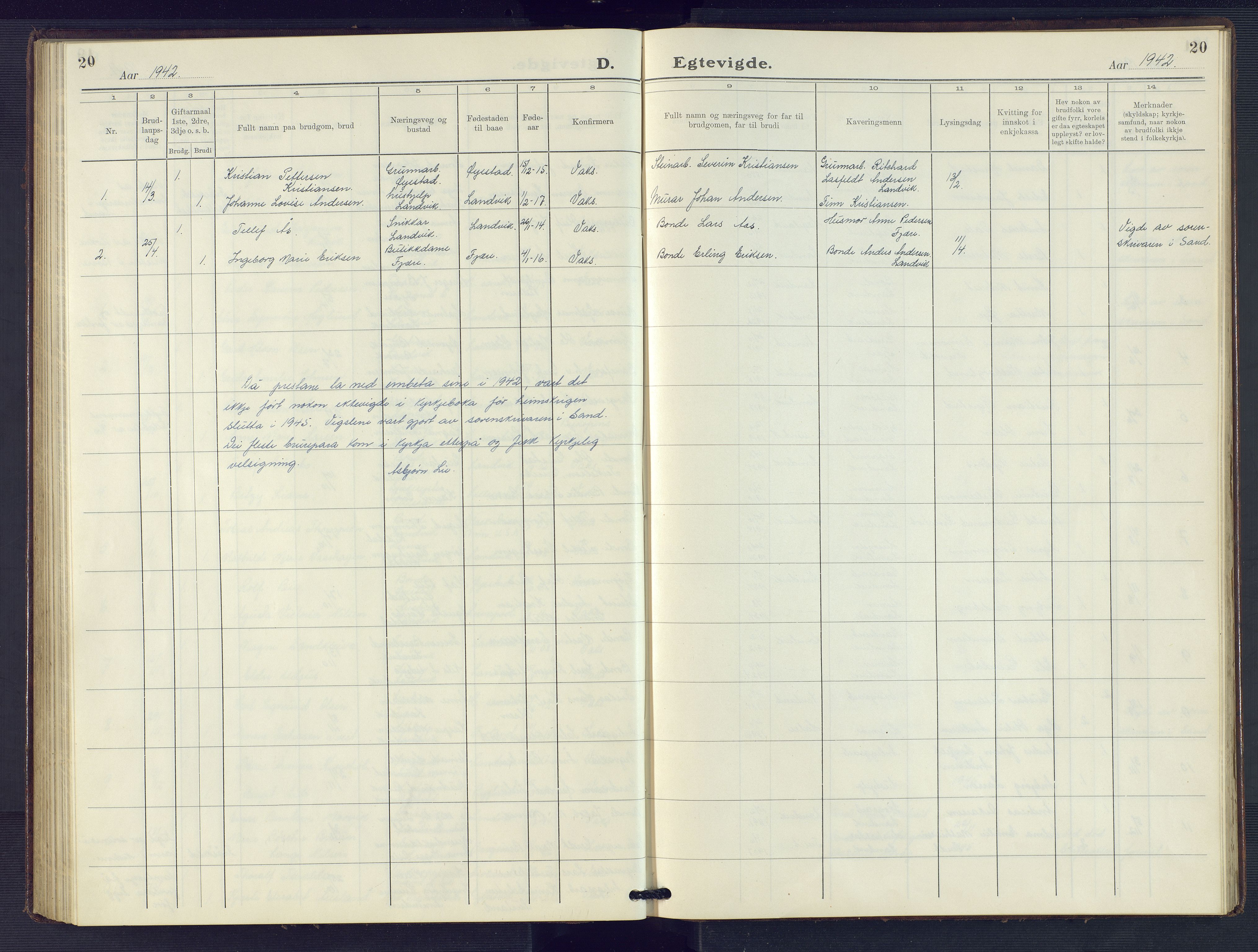 Hommedal sokneprestkontor, SAK/1111-0023/F/Fb/Fbb/L0009: Parish register (copy) no. B 9, 1929-1953, p. 20