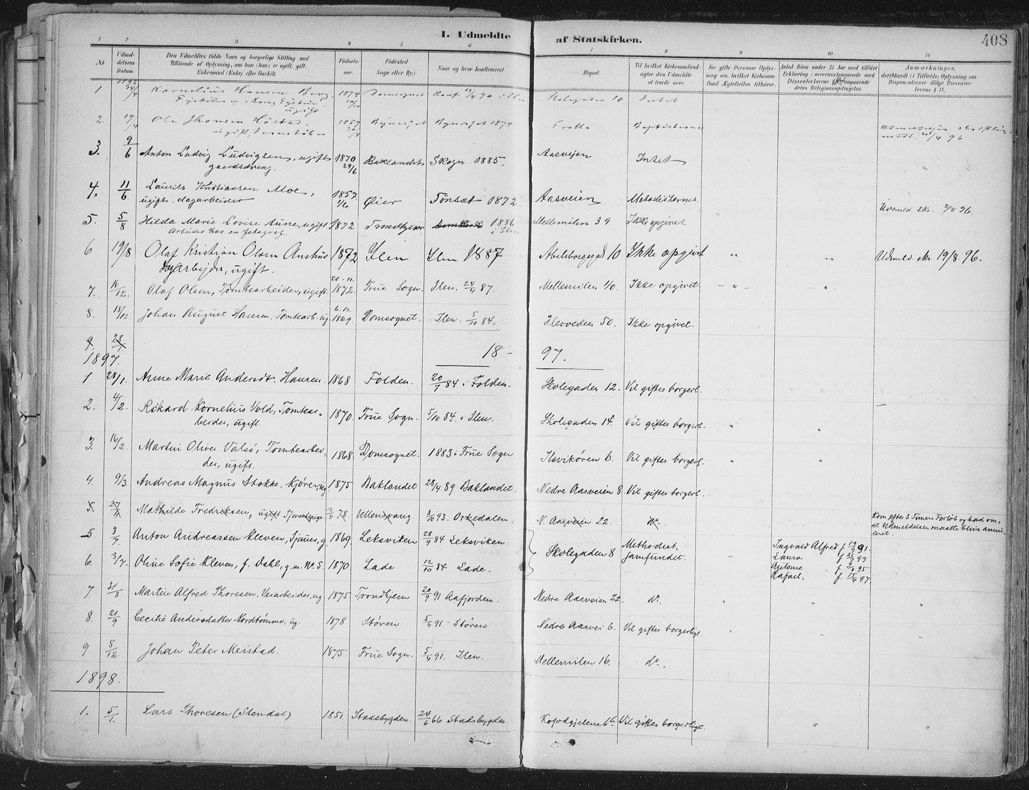 Ministerialprotokoller, klokkerbøker og fødselsregistre - Sør-Trøndelag, AV/SAT-A-1456/603/L0167: Parish register (official) no. 603A06, 1896-1932, p. 408