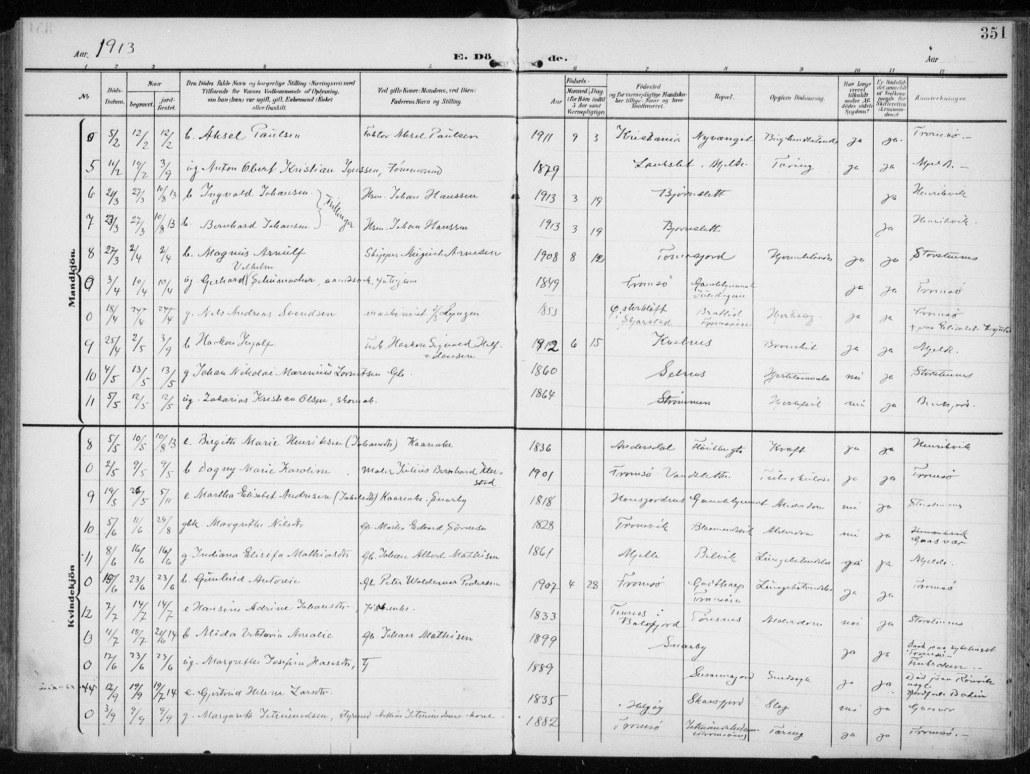 Tromsøysund sokneprestkontor, AV/SATØ-S-1304/G/Ga/L0007kirke: Parish register (official) no. 7, 1907-1914, p. 351