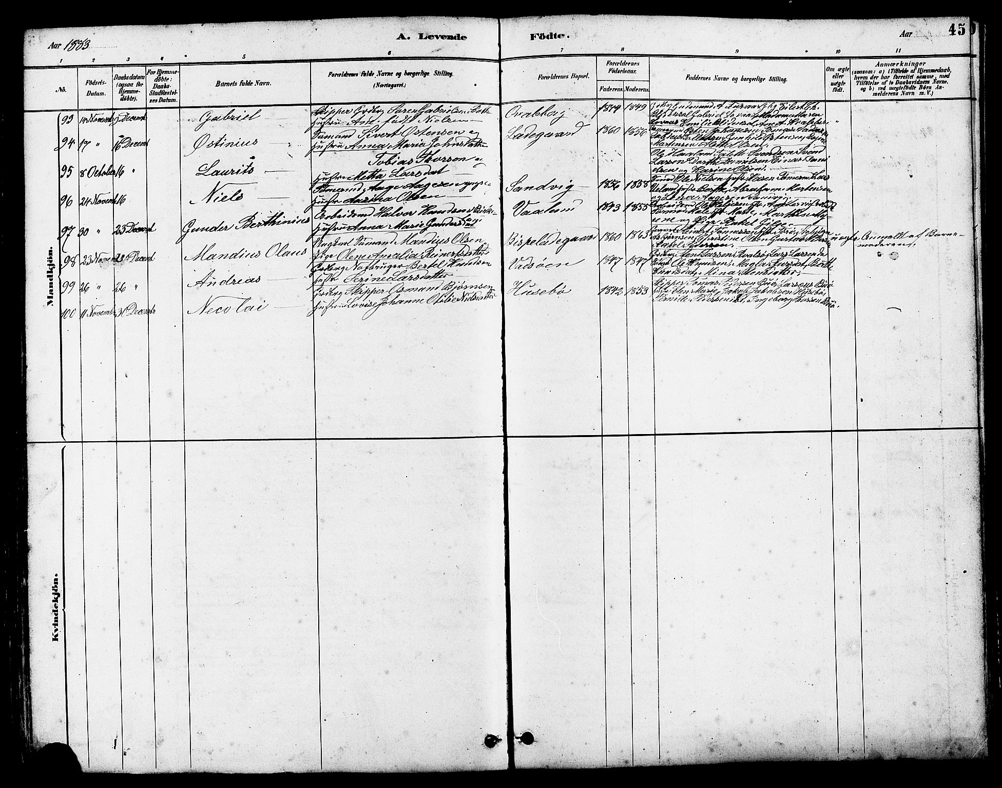 Hetland sokneprestkontor, SAST/A-101826/30/30BB/L0005: Parish register (copy) no. B 5, 1878-1910, p. 45