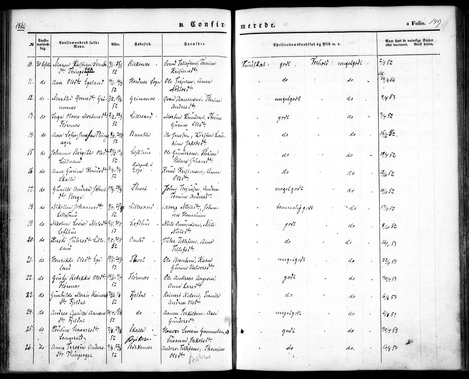 Vestre Moland sokneprestkontor, AV/SAK-1111-0046/F/Fa/Fab/L0007: Parish register (official) no. A 7, 1859-1872, p. 149