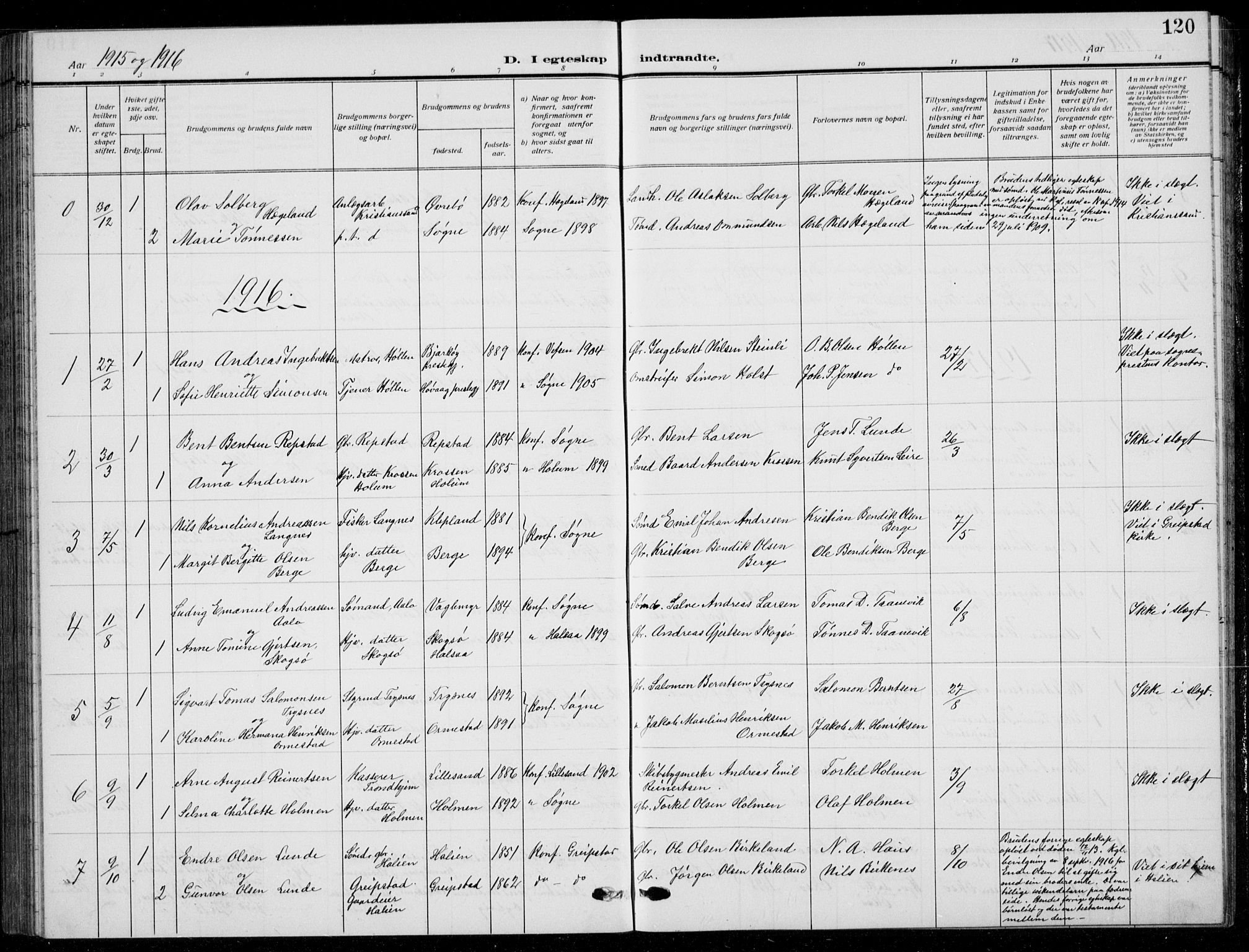 Søgne sokneprestkontor, SAK/1111-0037/F/Fb/Fbb/L0007: Parish register (copy) no. B 7, 1912-1931, p. 120