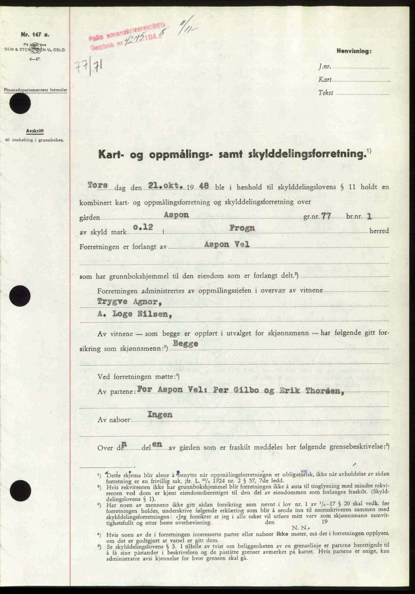Follo sorenskriveri, SAO/A-10274/G/Ga/Gaa/L0085: Mortgage book no. I 85, 1948-1948, Diary no: : 4275/1948