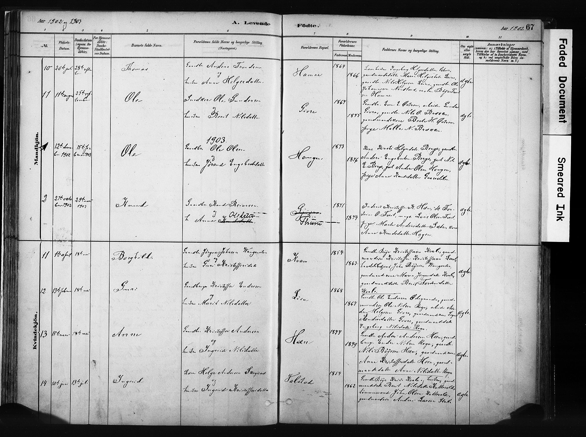 Vang prestekontor, Valdres, SAH/PREST-140/H/Ha/L0008: Parish register (official) no. 8, 1882-1910, p. 67