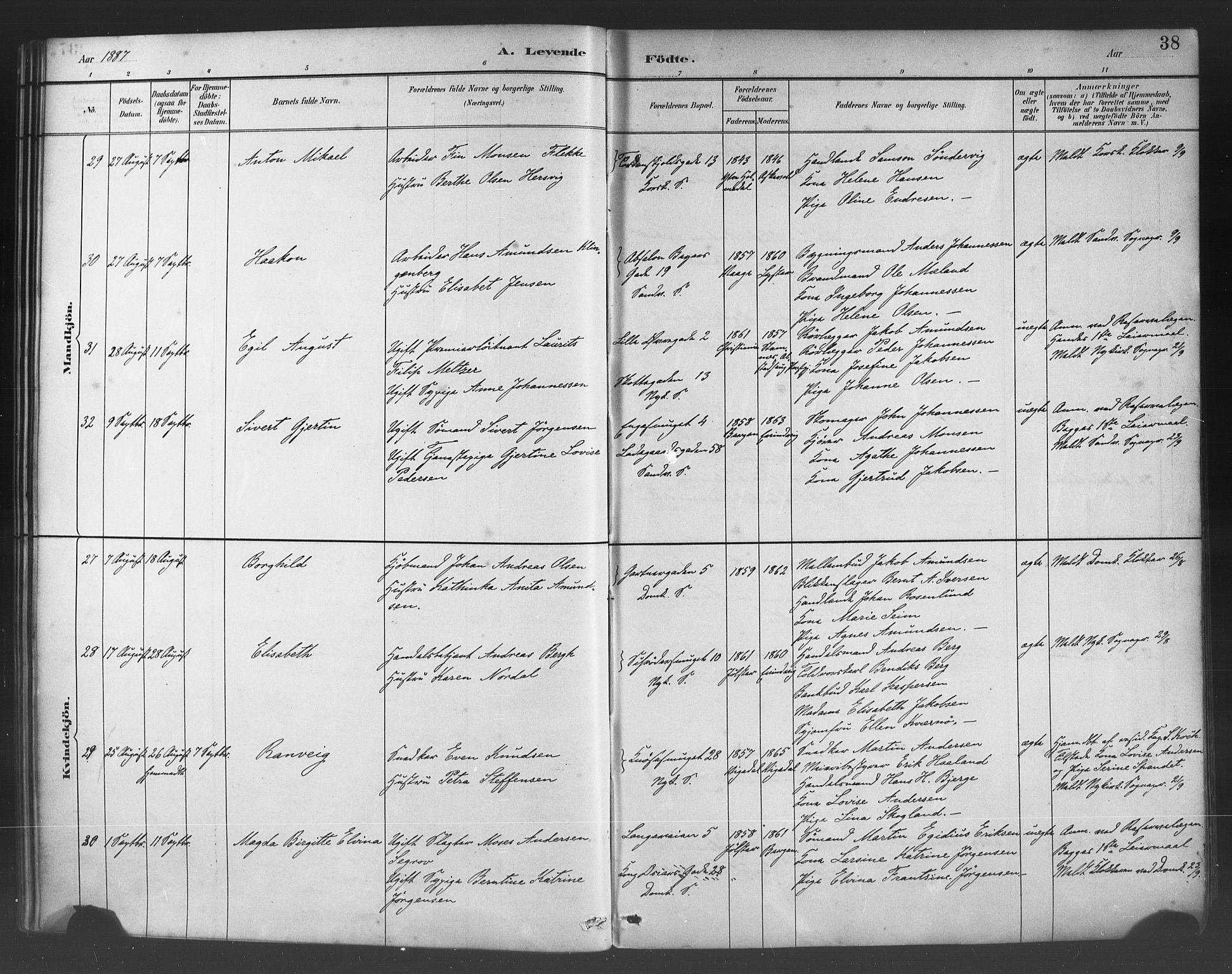 Fødselsstiftelsens sokneprestembete*, SAB/-: Parish register (official) no. A 2, 1884-1900, p. 38