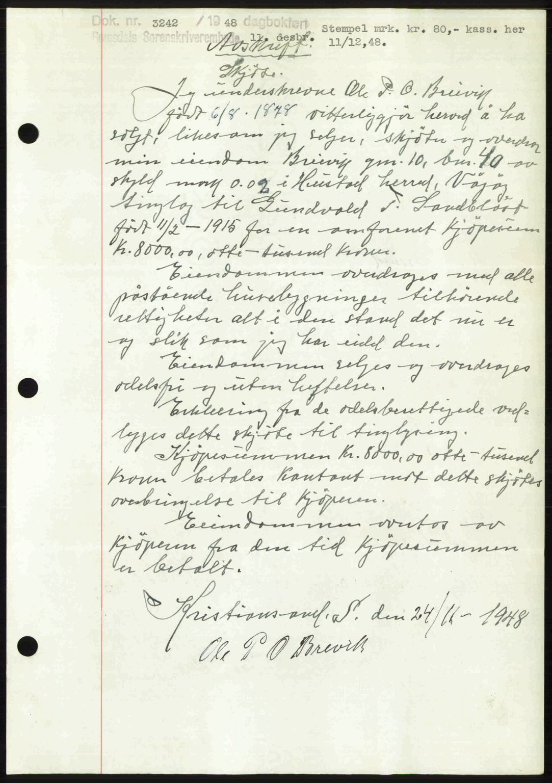 Romsdal sorenskriveri, AV/SAT-A-4149/1/2/2C: Mortgage book no. A28, 1948-1949, Diary no: : 3242/1948