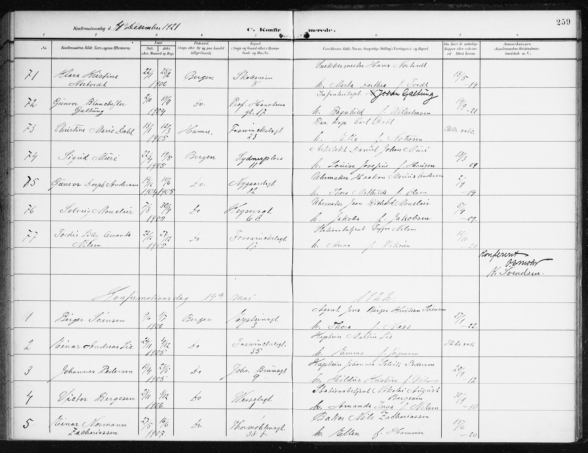 Johanneskirken sokneprestembete, SAB/A-76001/H/Haa/L0009: Parish register (official) no. C 2, 1907-1924, p. 259