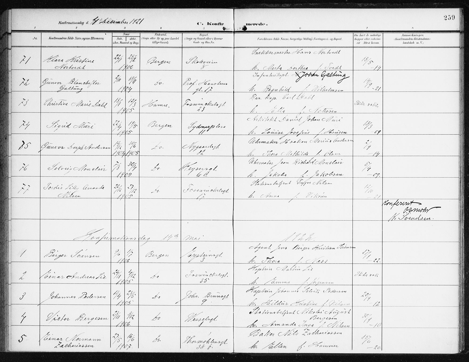Johanneskirken sokneprestembete, AV/SAB-A-76001/H/Haa/L0009: Parish register (official) no. C 2, 1907-1924, p. 259