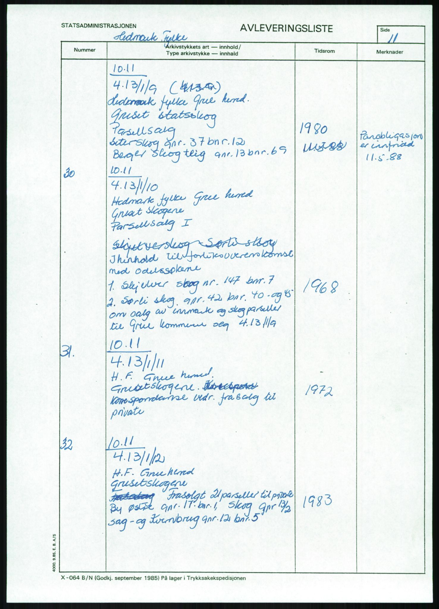 Direktoratet for statens skoger, AV/RA-S-1600/2/E/Eg/L0002: Arkivliste for 10.11-serien. Akershus til Sør-Trøndelag fylke. Mappenr. 1 - 925, 1957-1992, p. 12