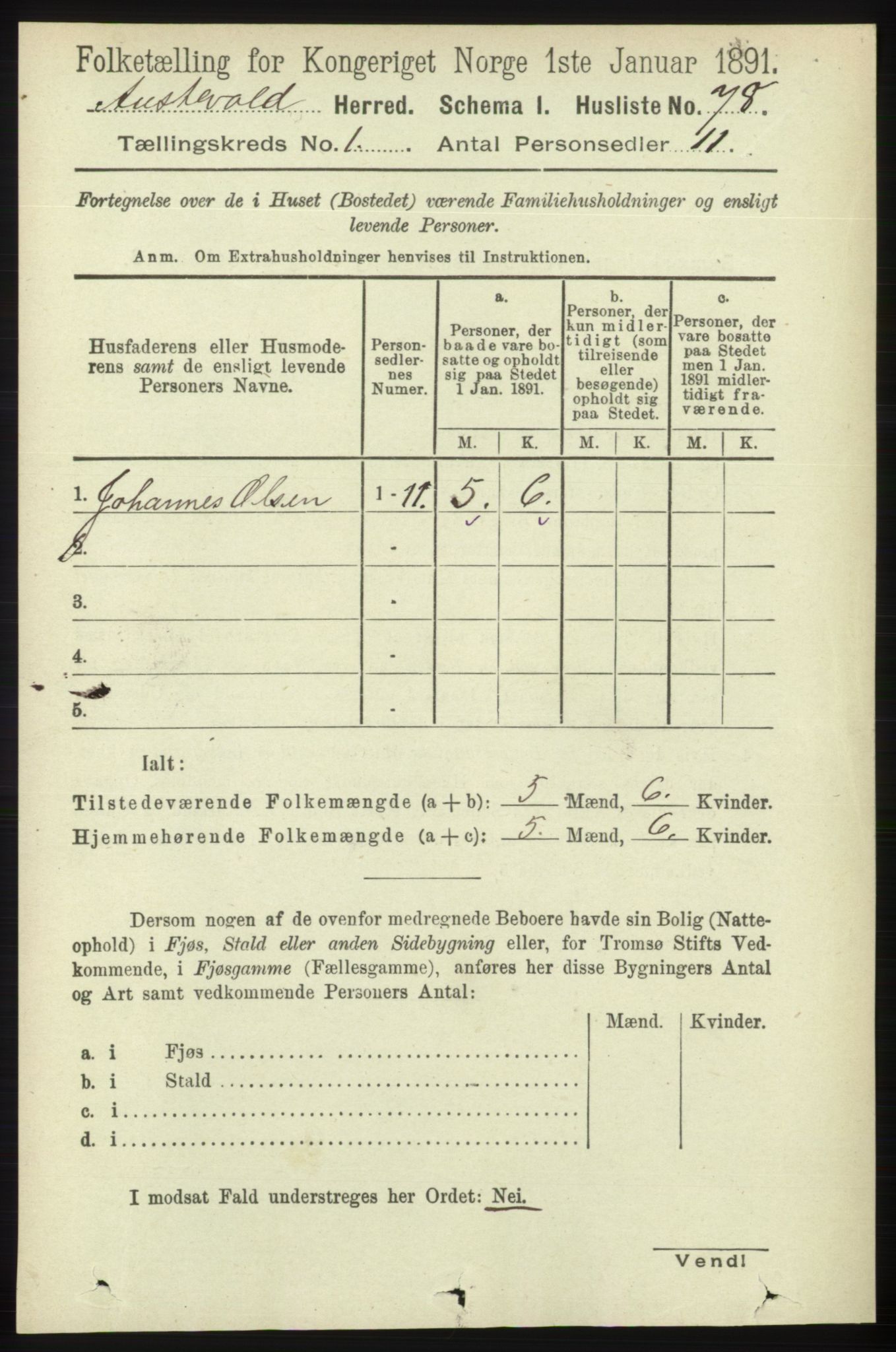 RA, 1891 census for 1244 Austevoll, 1891, p. 95