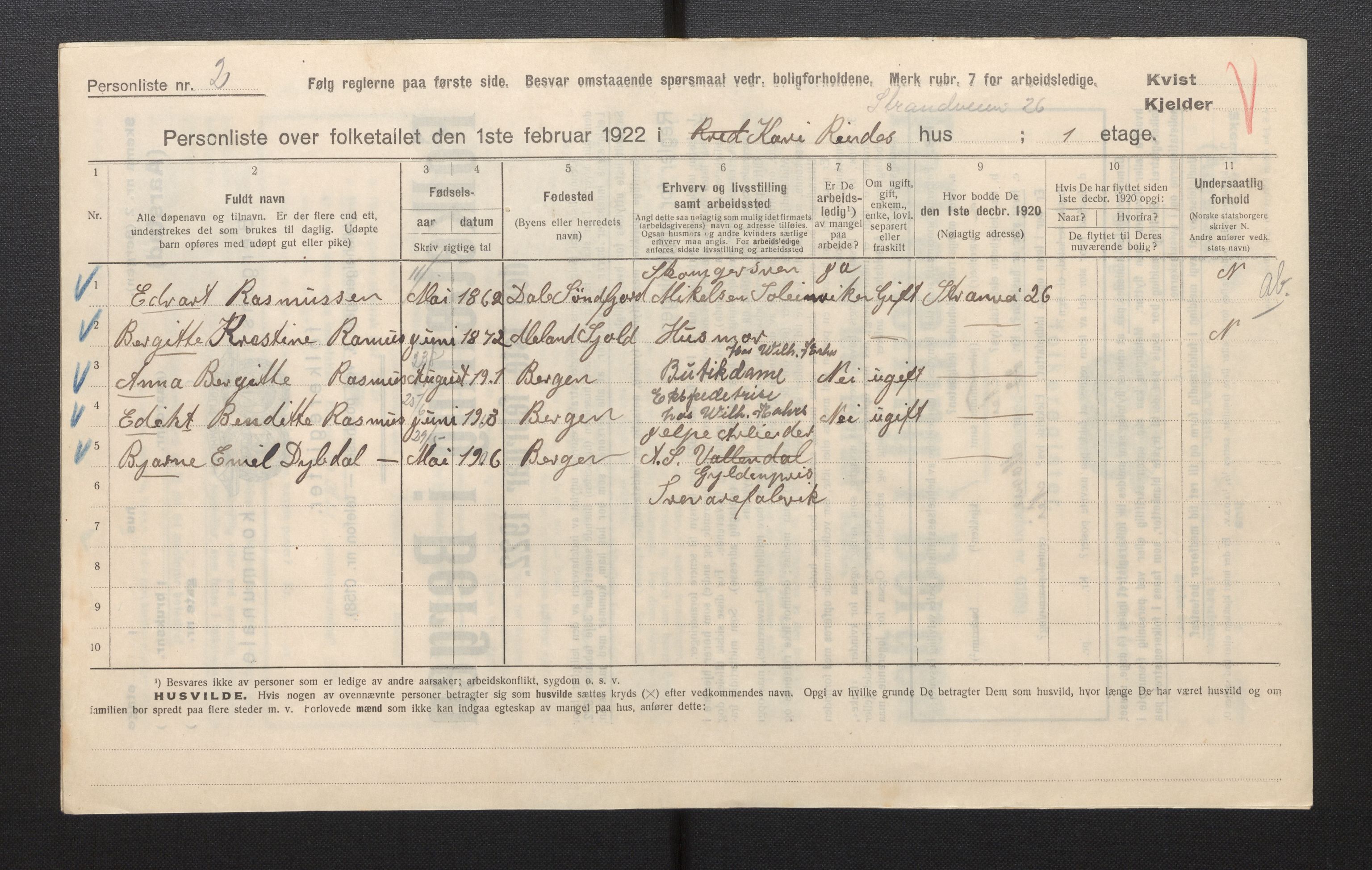 SAB, Municipal Census 1922 for Bergen, 1922, p. 50376