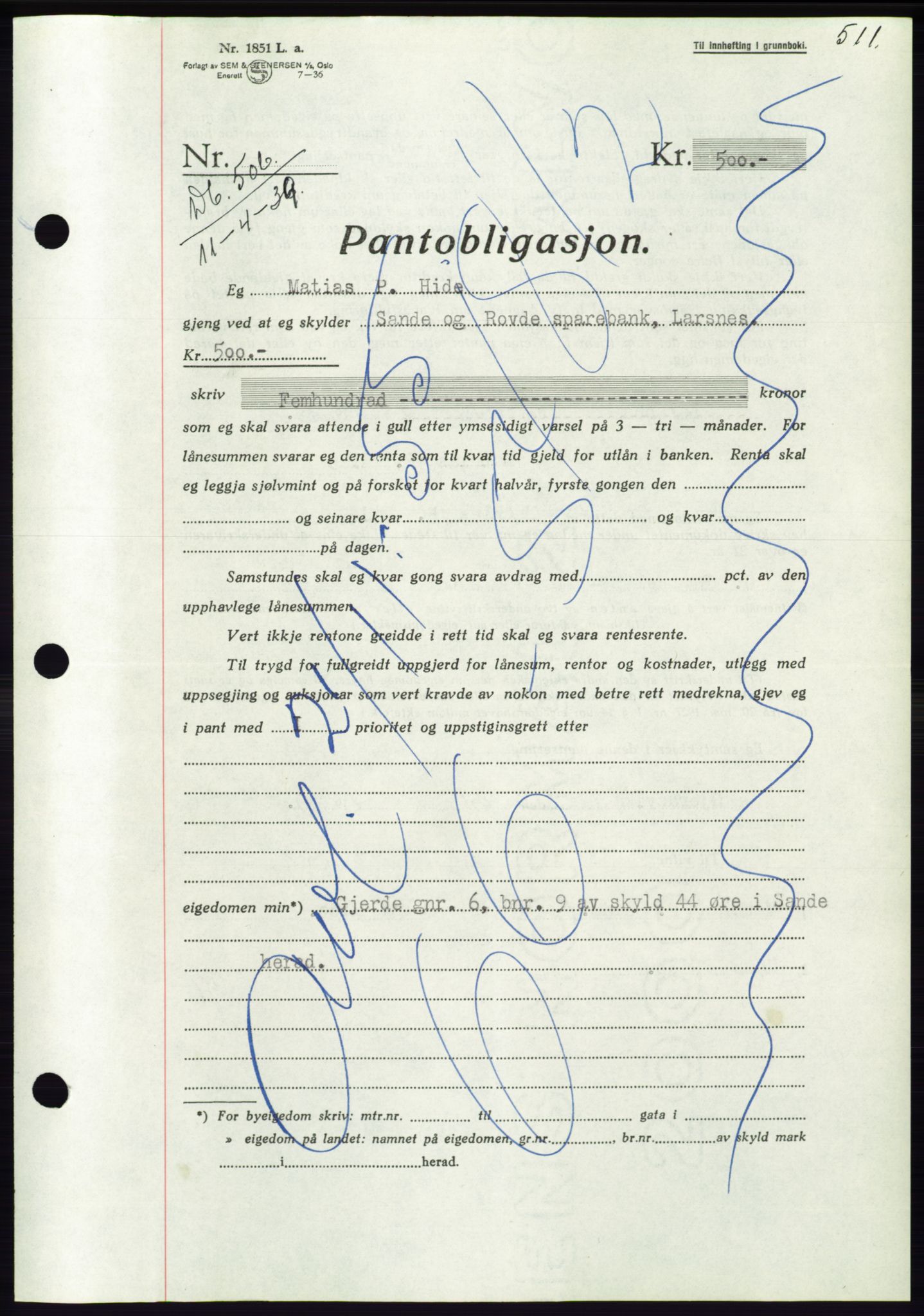 Søre Sunnmøre sorenskriveri, AV/SAT-A-4122/1/2/2C/L0067: Mortgage book no. 61, 1938-1939, Diary no: : 506/1939