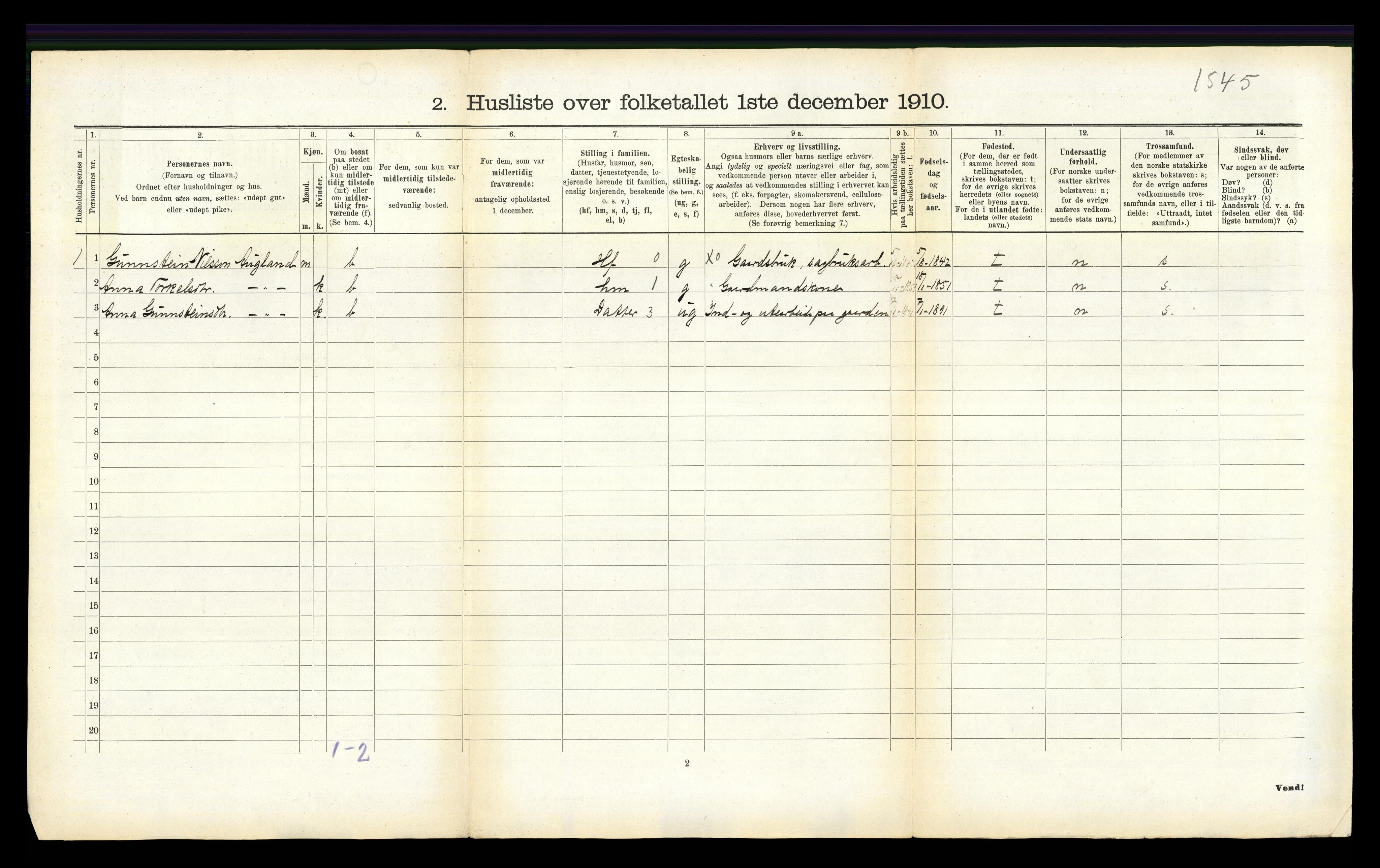 RA, 1910 census for Oddernes, 1910, p. 624