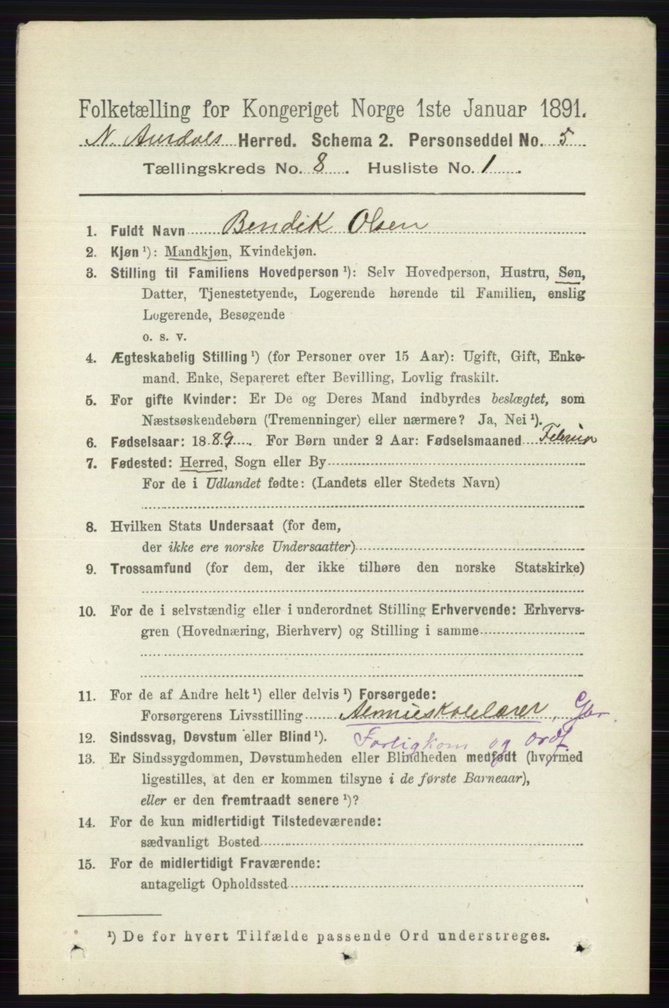 RA, 1891 census for 0542 Nord-Aurdal, 1891, p. 2803