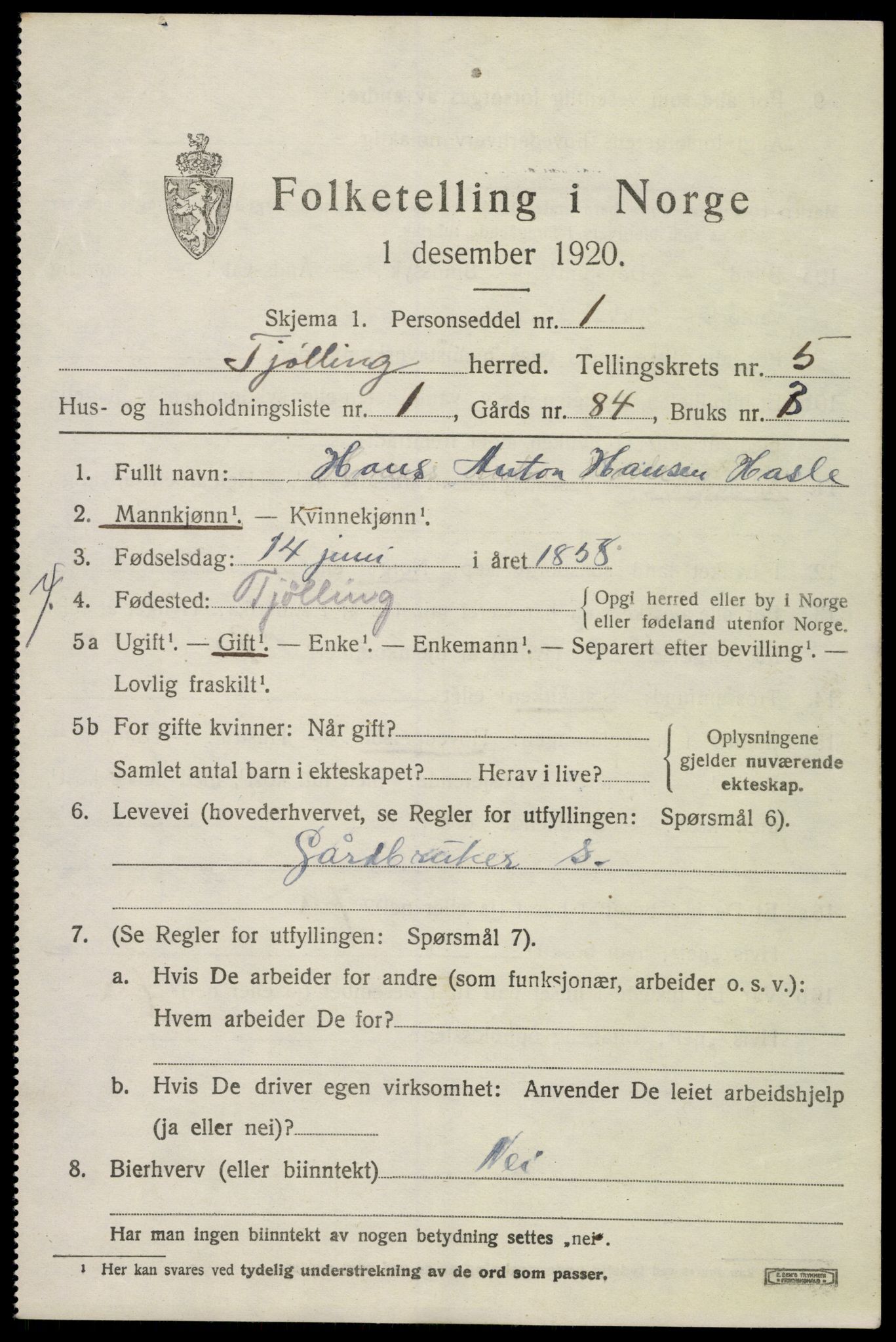 SAKO, 1920 census for Tjølling, 1920, p. 8167