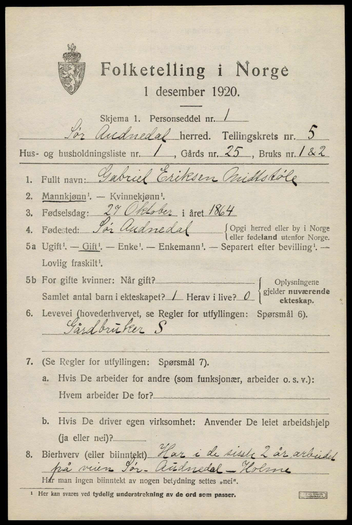 SAK, 1920 census for Sør-Audnedal, 1920, p. 2489