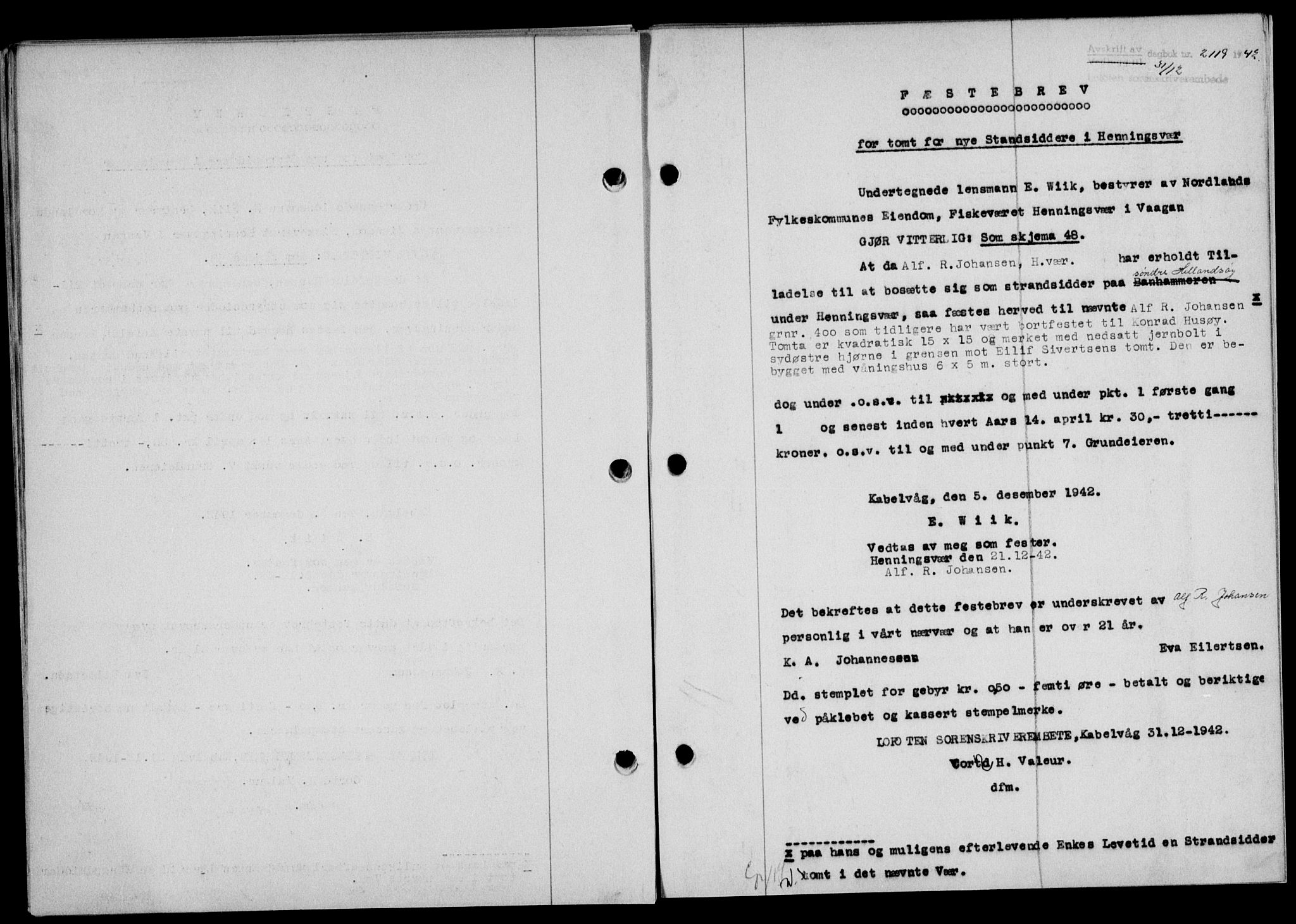 Lofoten sorenskriveri, SAT/A-0017/1/2/2C/L0010a: Mortgage book no. 10a, 1942-1943, Diary no: : 2119/1942