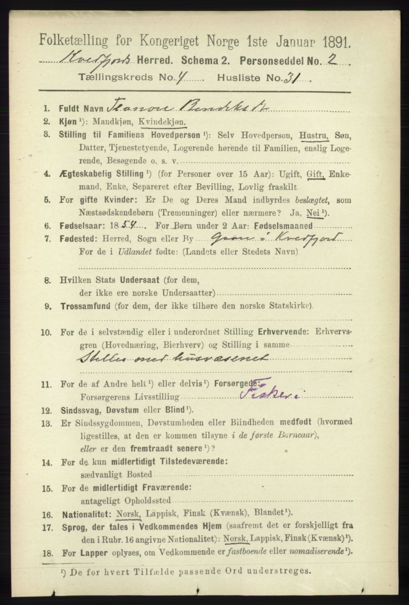 RA, 1891 census for 1911 Kvæfjord, 1891, p. 2092