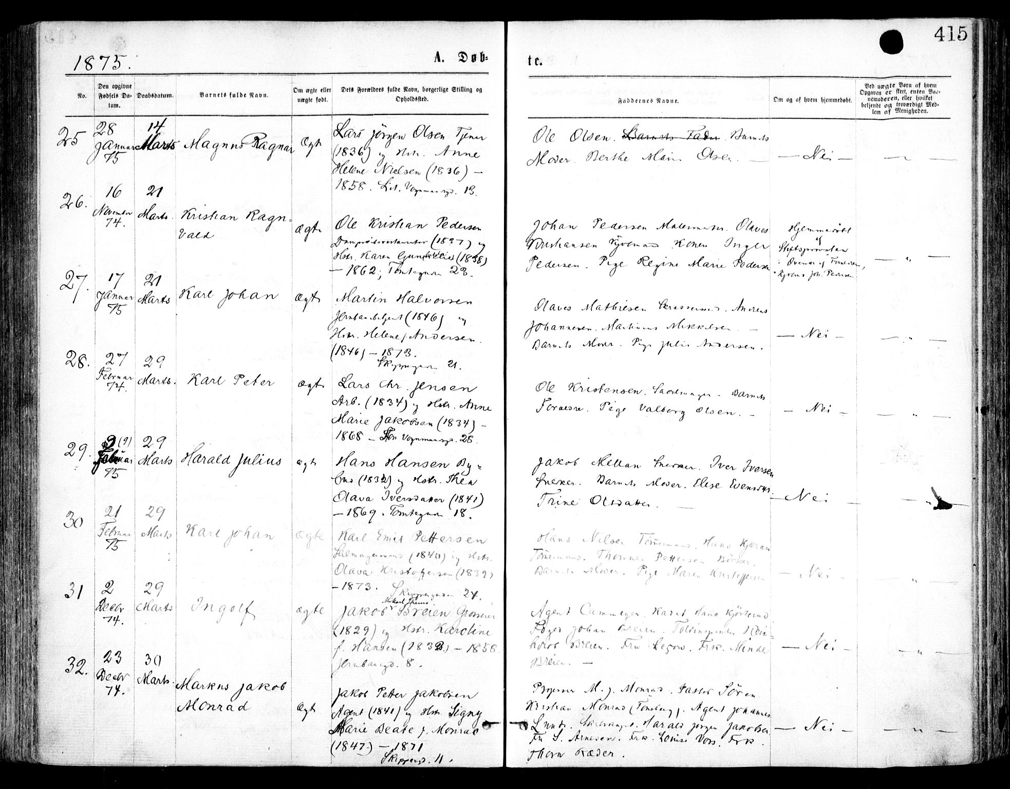 Oslo domkirke Kirkebøker, SAO/A-10752/F/Fa/L0017: Parish register (official) no. 17, 1869-1878, p. 415