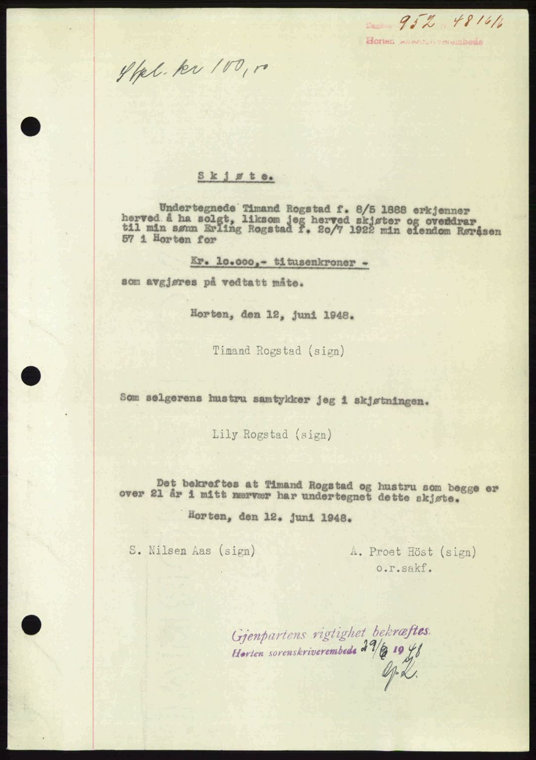 Horten sorenskriveri, AV/SAKO-A-133/G/Ga/Gaa/L0010: Mortgage book no. A-10, 1947-1948, Diary no: : 952/1948