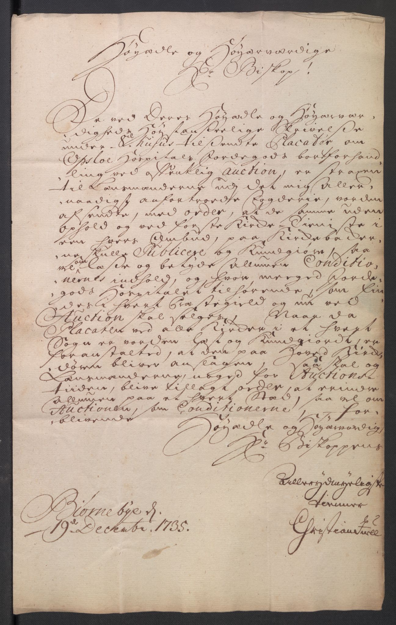 Oslo stiftsdireksjon, AV/SAO-A-11085/K/Kb/L0003/0004: Oslo Hospital / Auksjoner over Hospitalets eiendommer: Korrespondanse, 1735-1736, p. 22