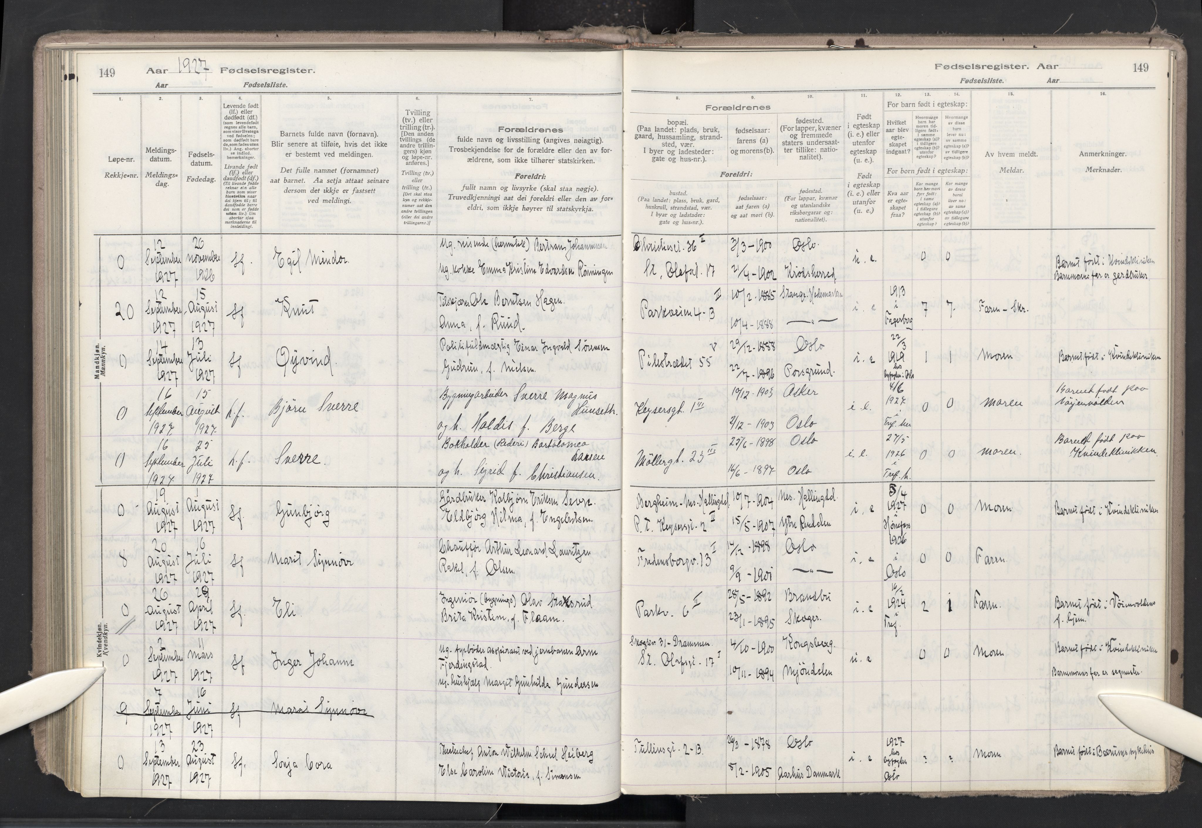 Trefoldighet prestekontor Kirkebøker, AV/SAO-A-10882/J/Ja/L0001: Birth register no. 1, 1916-1931, p. 149