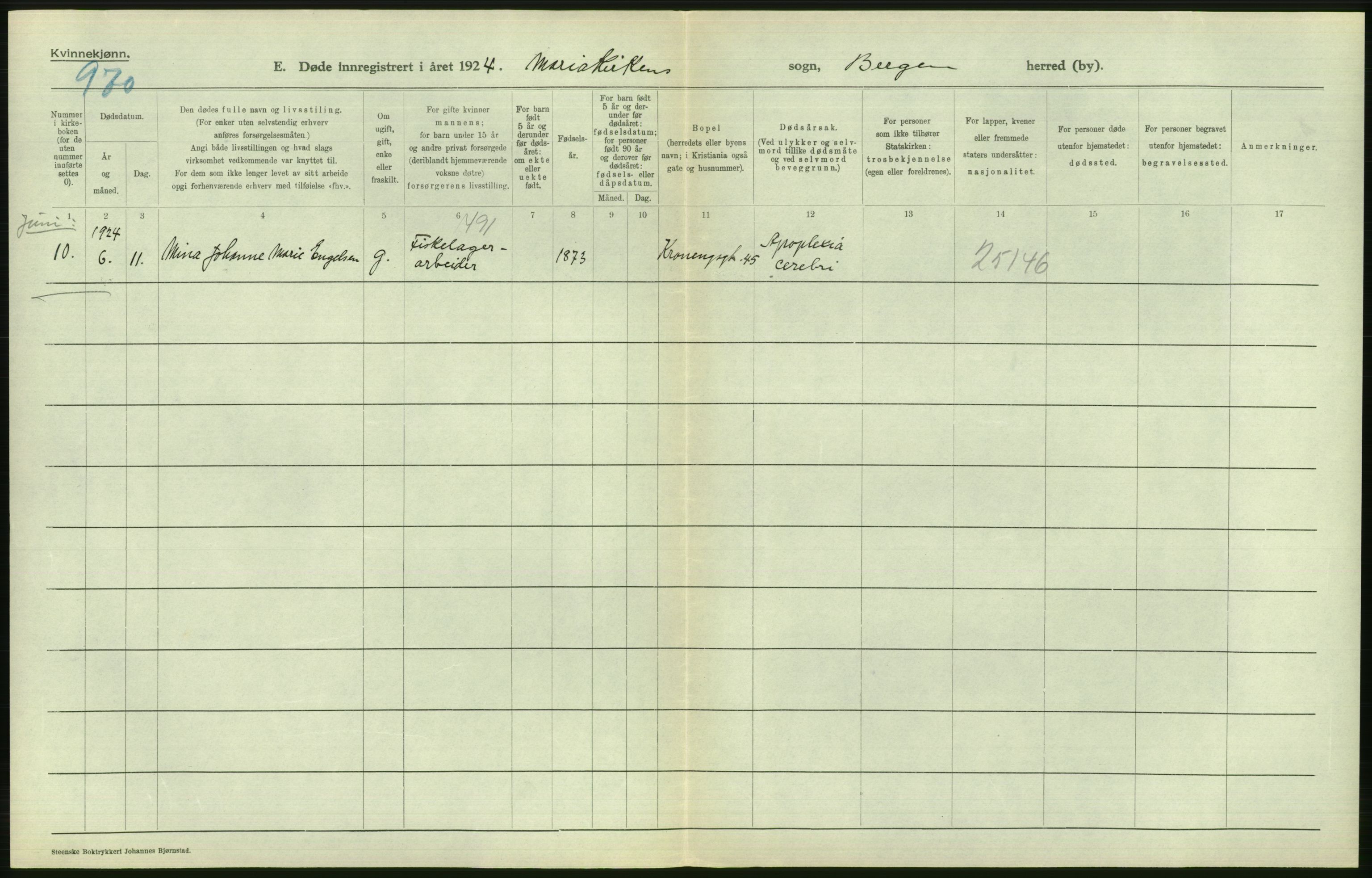 Statistisk sentralbyrå, Sosiodemografiske emner, Befolkning, AV/RA-S-2228/D/Df/Dfc/Dfcd/L0028: Bergen: Gifte, døde., 1924, p. 754