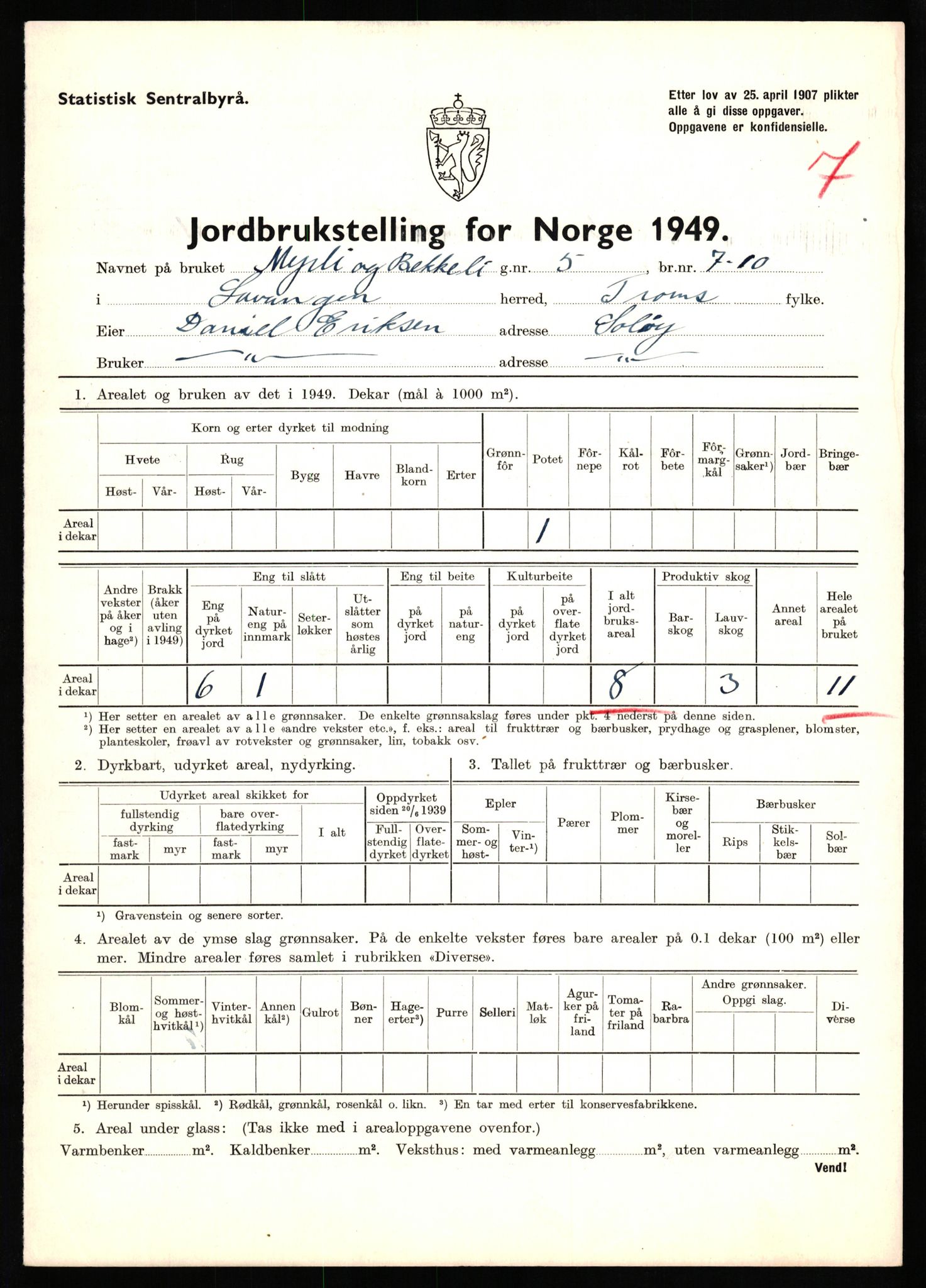 Statistisk sentralbyrå, Næringsøkonomiske emner, Jordbruk, skogbruk, jakt, fiske og fangst, AV/RA-S-2234/G/Gc/L0437: Troms: Gratangen og Lavangen, 1949, p. 59